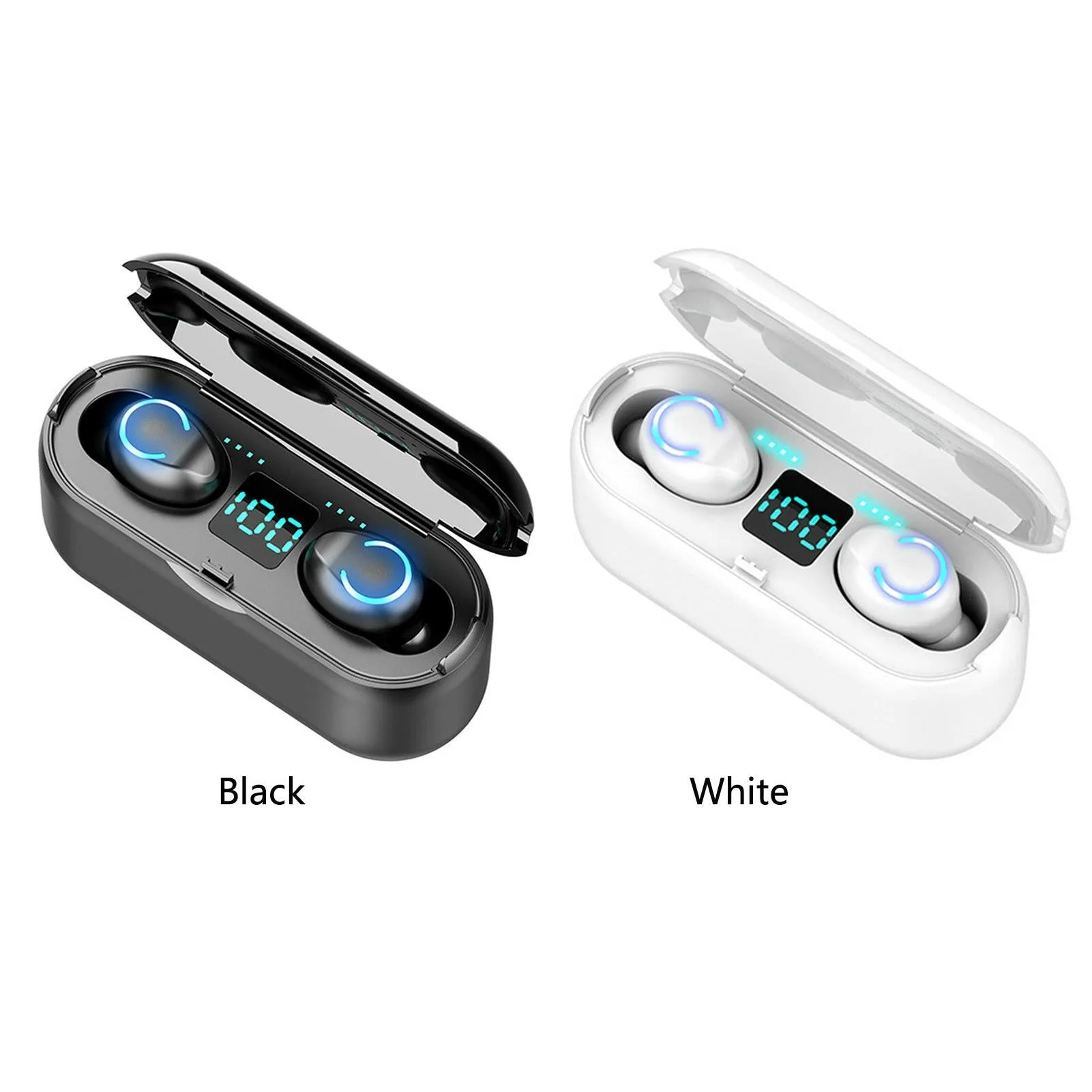 F9 BT5.0 Wireless Headphones Cool Light Noise Reduction Touch Control IPX7 Waterproof 1200mAh Charge Box Power Display Phone Holder (Black)