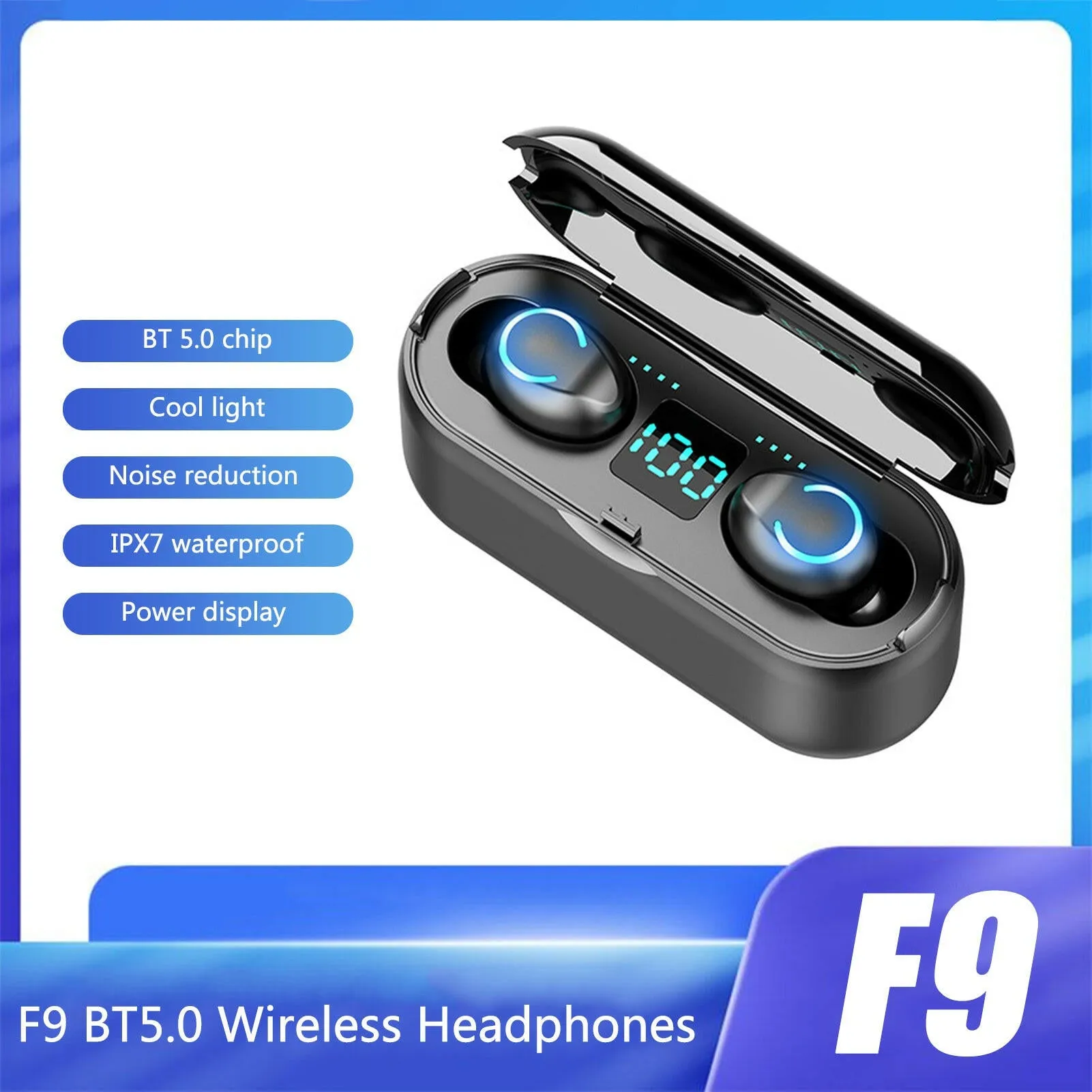 F9 BT5.0 Wireless Headphones Cool Light Noise Reduction Touch Control IPX7 Waterproof 1200mAh Charge Box Power Display Phone Holder (Black)