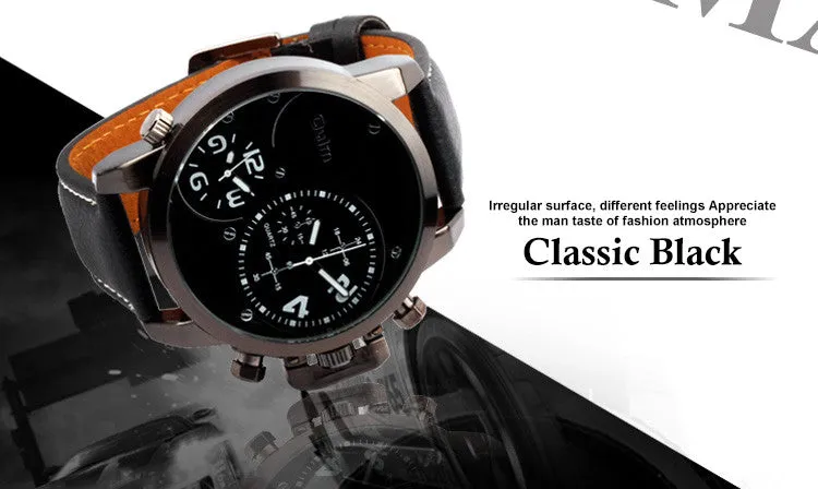 Fashion OULM Multiple Time Zone Sports Watch for Men Leather Strap Quartz Russia Military Wristwatch