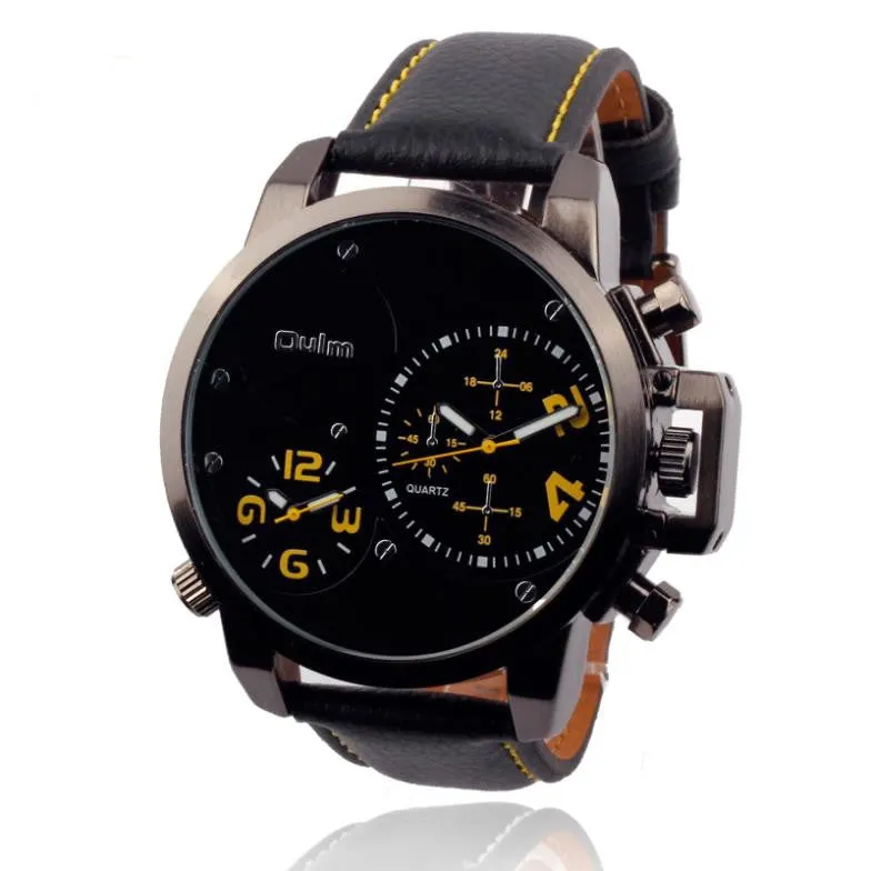 Fashion OULM Multiple Time Zone Sports Watch for Men Leather Strap Quartz Russia Military Wristwatch