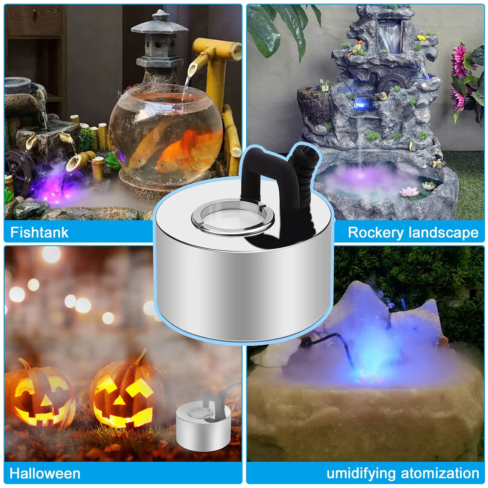 FITNATE 350ml/H Mist Maker Metal Fogger Atomizer for Water Fountain Pond Pot Rockery Sink, with Removable Splash Guard,Atomized disc and Changing Tools