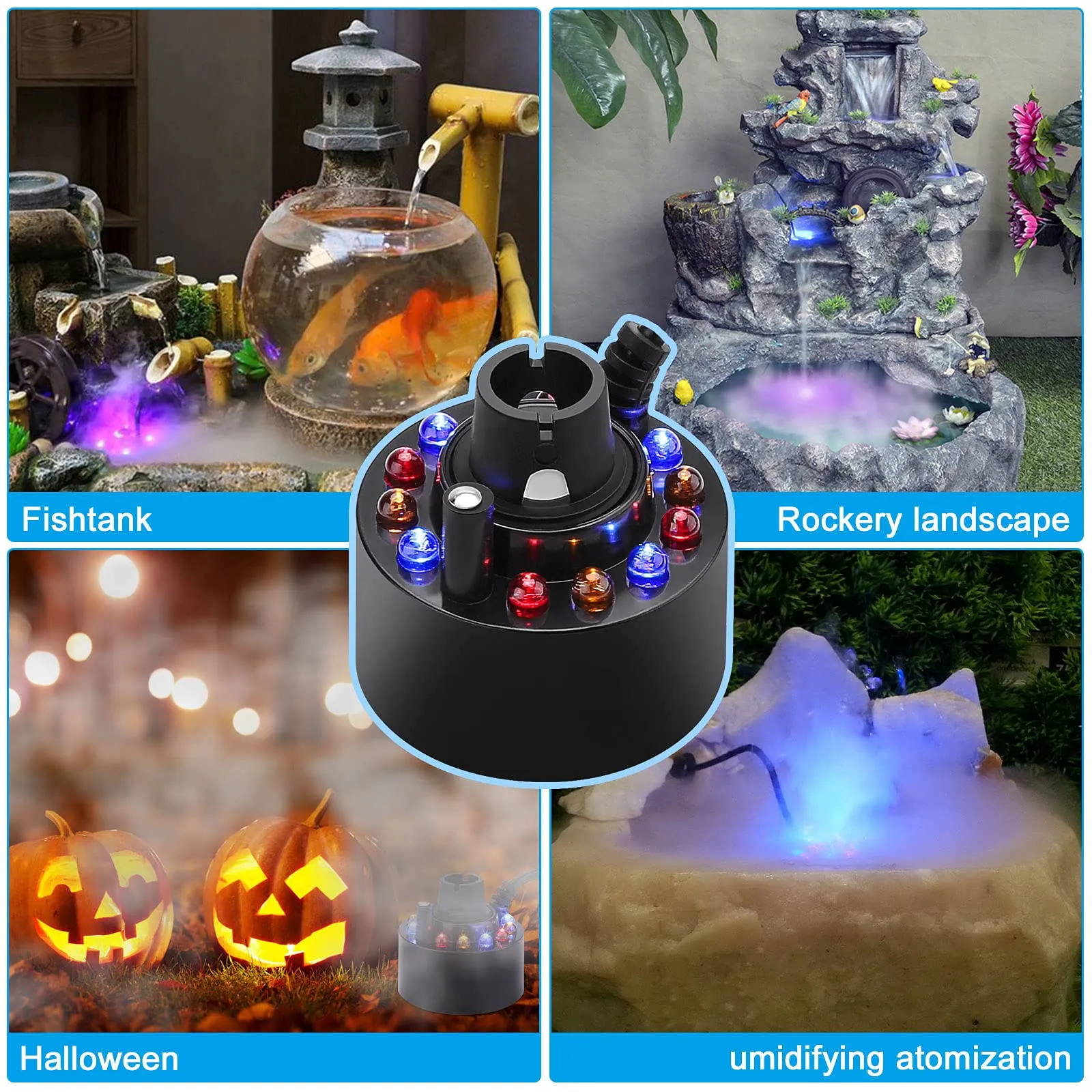 FITNATE 350ml/H Ultrasonic Mist Maker Fogger Atomizer with LED Changing Light for Water Fountain Pond Pot Rockery Sink, with Removable Splash Guard,Atomized disc and Changing Tools