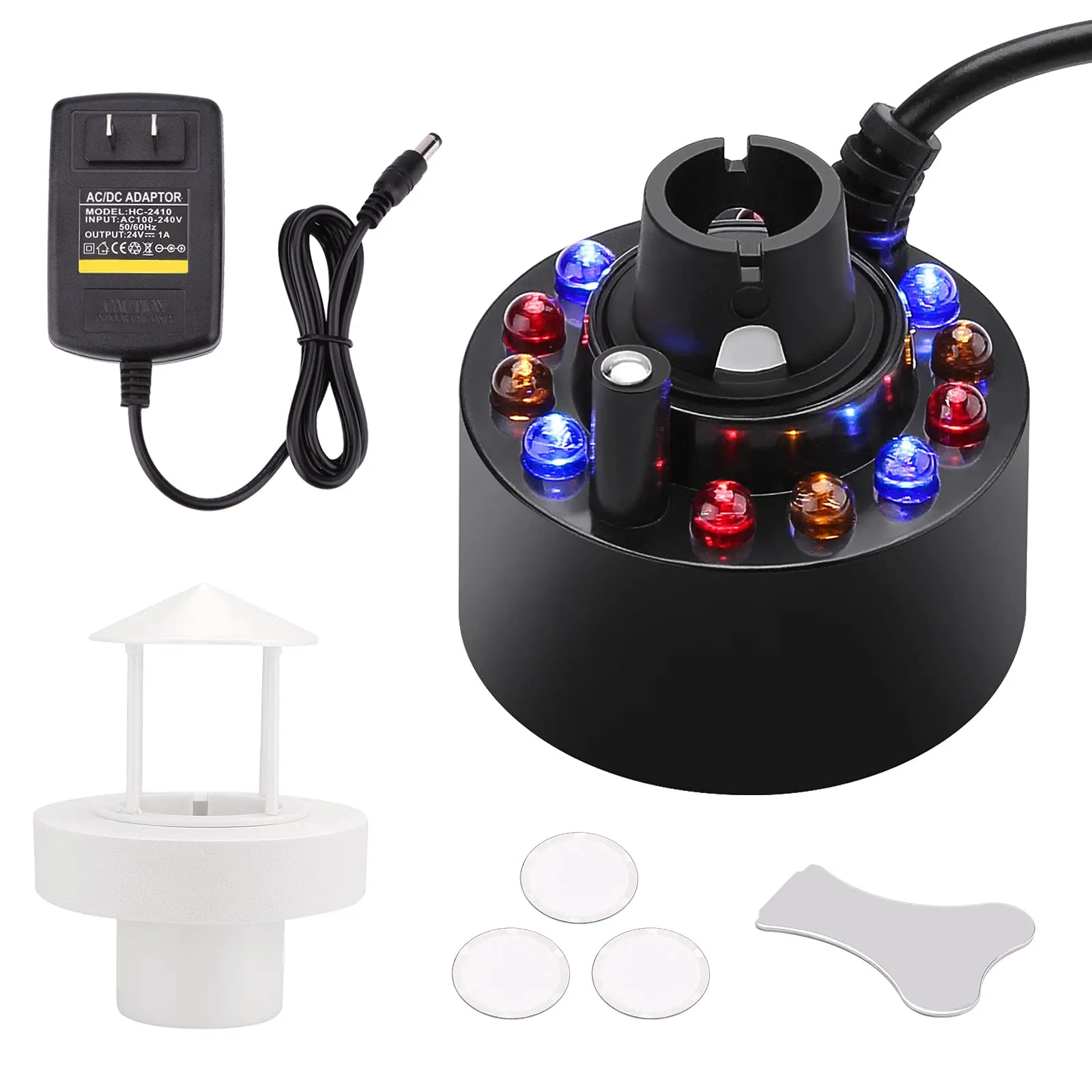 FITNATE 350ml/H Ultrasonic Mist Maker Fogger Atomizer with LED Changing Light for Water Fountain Pond Pot Rockery Sink, with Removable Splash Guard,Atomized disc and Changing Tools