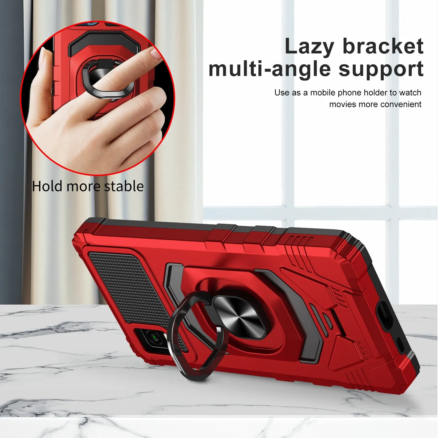 For Cricket Debut Smart Case [Military Grade] Ring Car Mount Kickstand w/[Tempered Glass] Hybrid Hard PC Soft TPU Shockproof Protective Case - Red