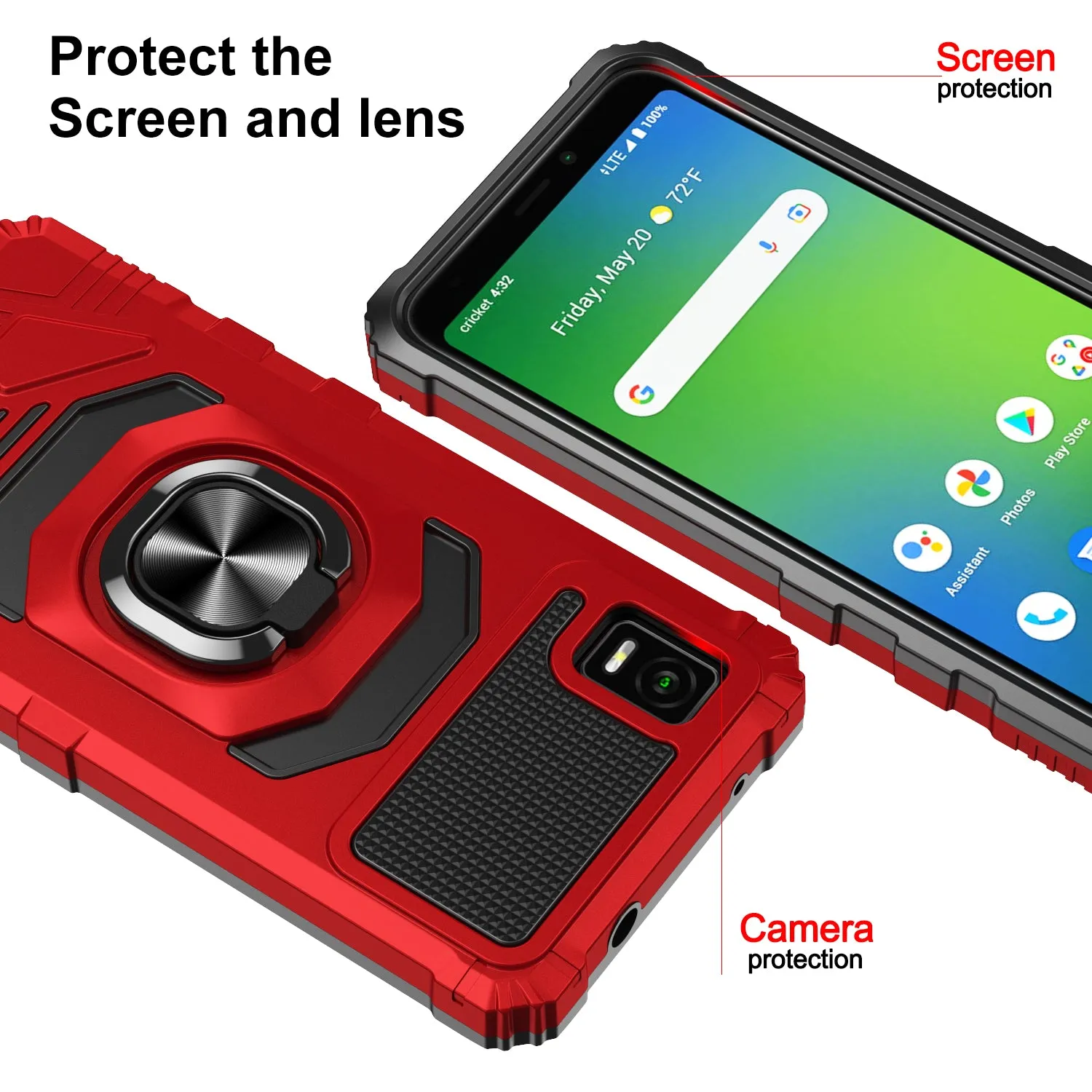 For Cricket Debut Smart Case [Military Grade] Ring Car Mount Kickstand w/[Tempered Glass] Hybrid Hard PC Soft TPU Shockproof Protective Case - Red