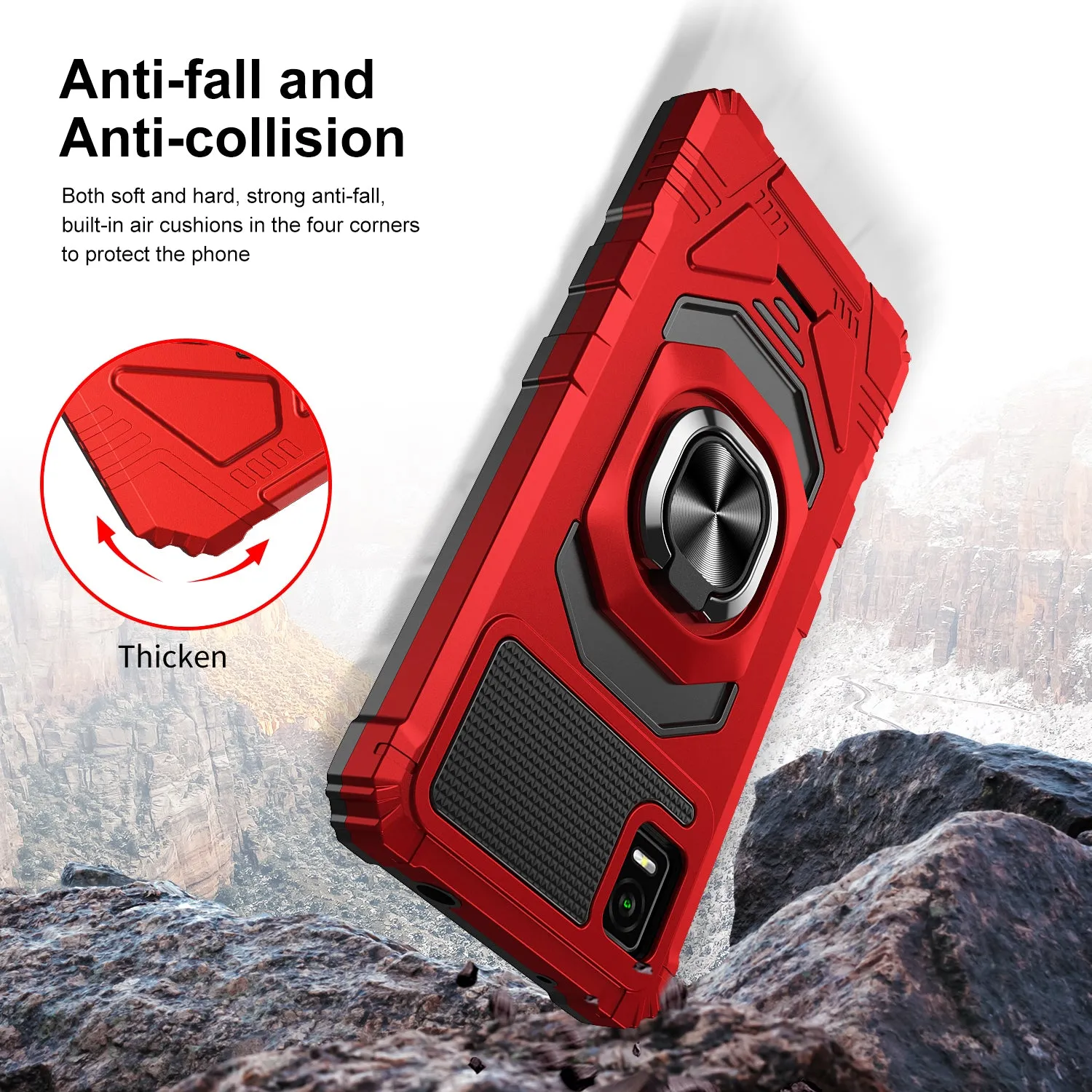 For Cricket Debut Smart Case [Military Grade] Ring Car Mount Kickstand w/[Tempered Glass] Hybrid Hard PC Soft TPU Shockproof Protective Case - Red