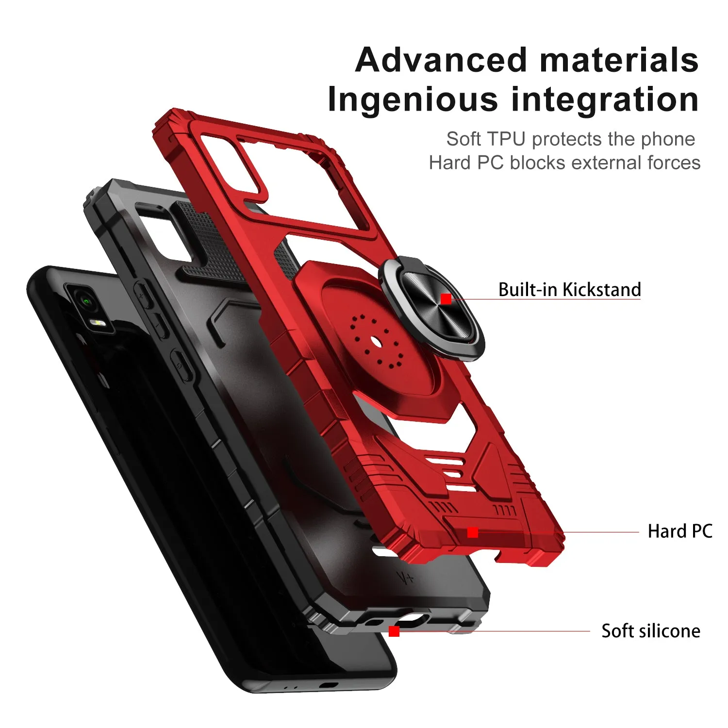 For Cricket Debut Smart Case [Military Grade] Ring Car Mount Kickstand w/[Tempered Glass] Hybrid Hard PC Soft TPU Shockproof Protective Case - Red