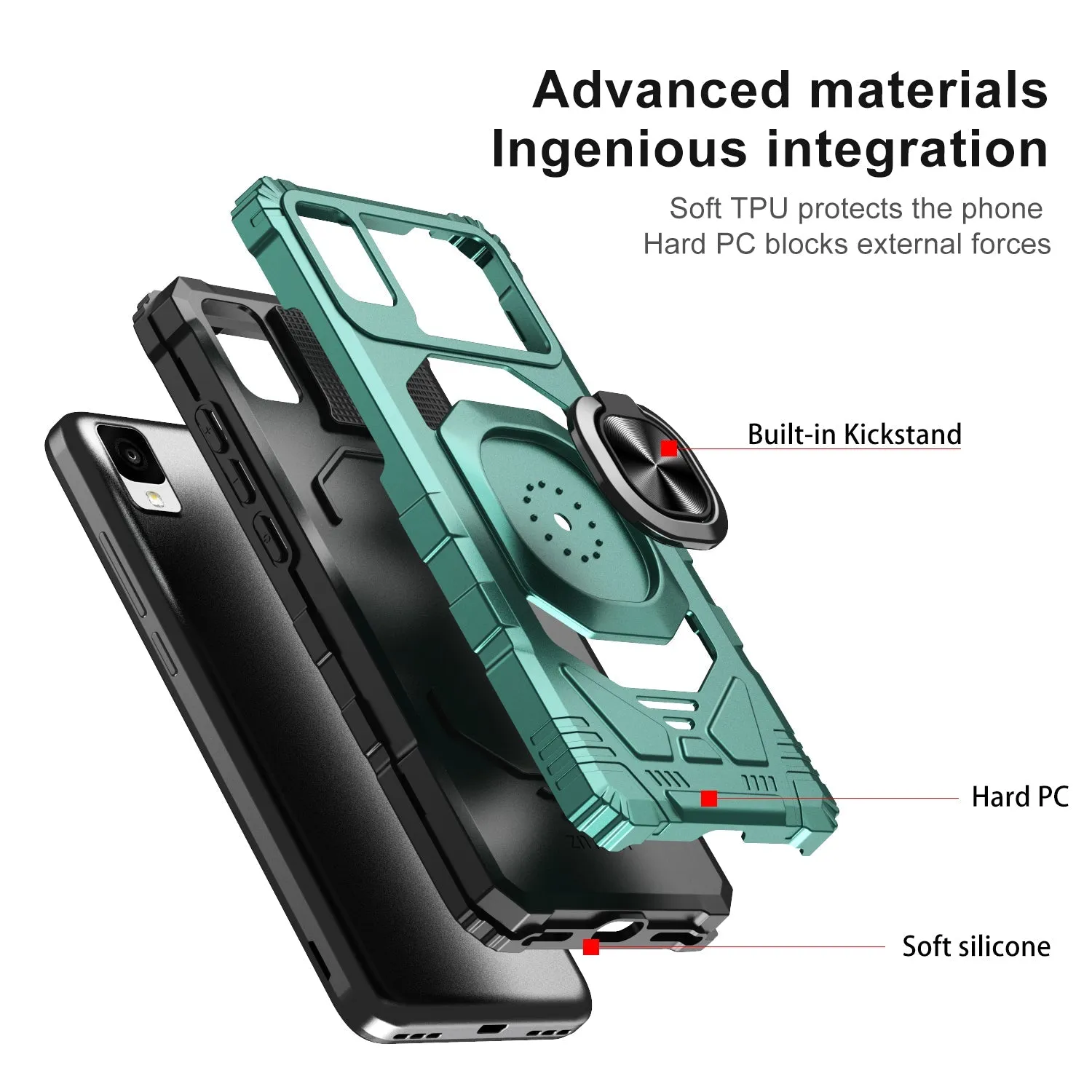 For TCL Ion Z/A3/A30 Case [Military Grade] Ring Car Mount Kickstand w/[Tempered Glass] Hybrid Hard PC Soft TPU Shockproof Protective Case - Teal