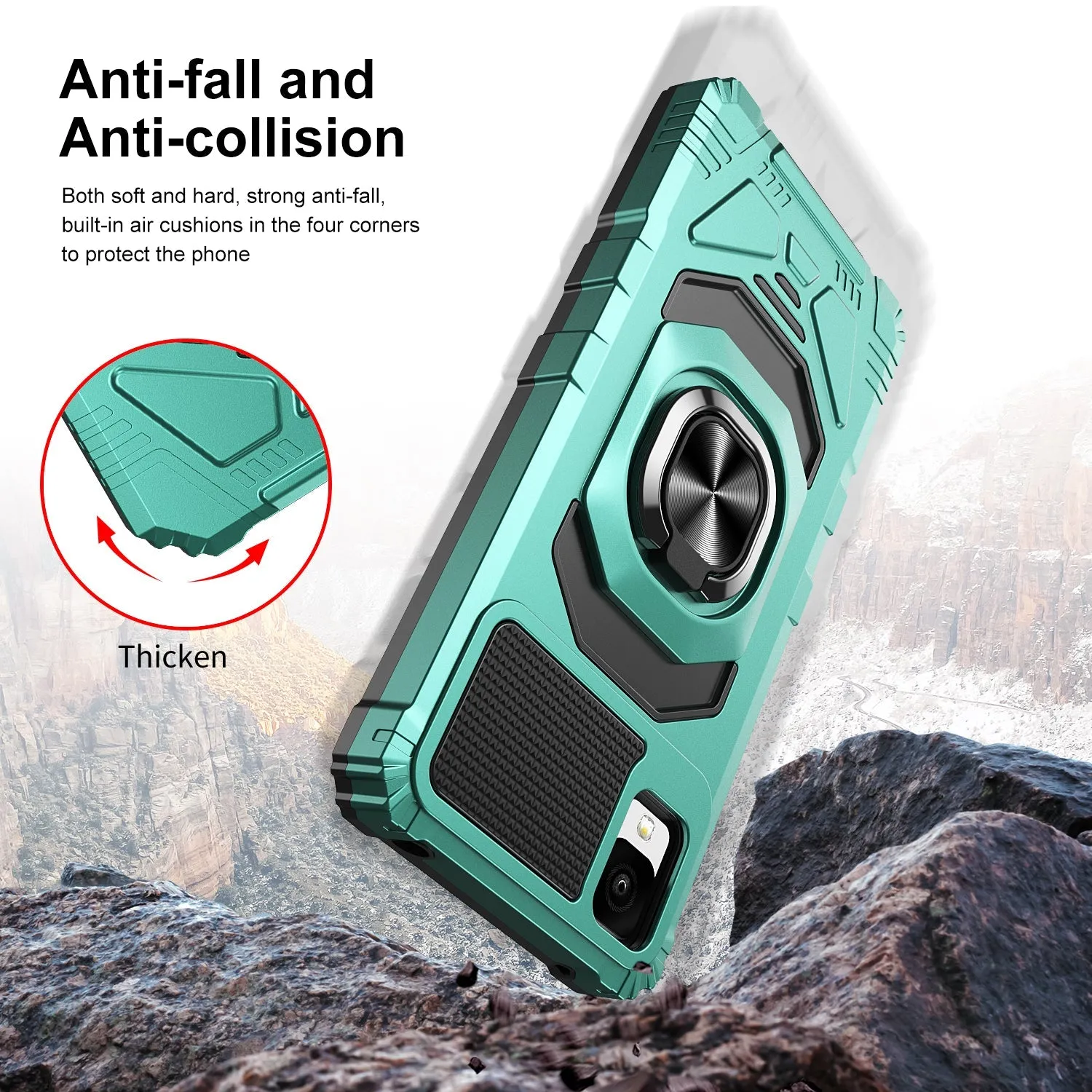 For TCL Ion Z/A3/A30 Case [Military Grade] Ring Car Mount Kickstand w/[Tempered Glass] Hybrid Hard PC Soft TPU Shockproof Protective Case - Teal