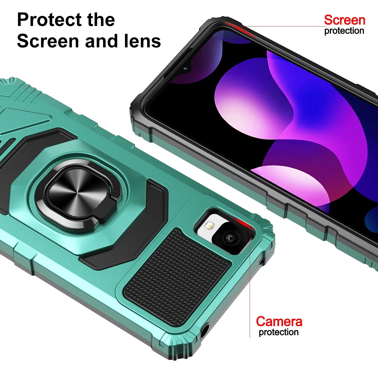 For TCL Ion Z/A3/A30 Case [Military Grade] Ring Car Mount Kickstand w/[Tempered Glass] Hybrid Hard PC Soft TPU Shockproof Protective Case - Teal