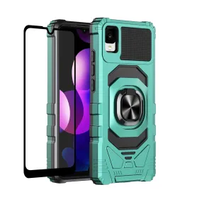 For TCL Ion Z/A3/A30 Case [Military Grade] Ring Car Mount Kickstand w/[Tempered Glass] Hybrid Hard PC Soft TPU Shockproof Protective Case - Teal