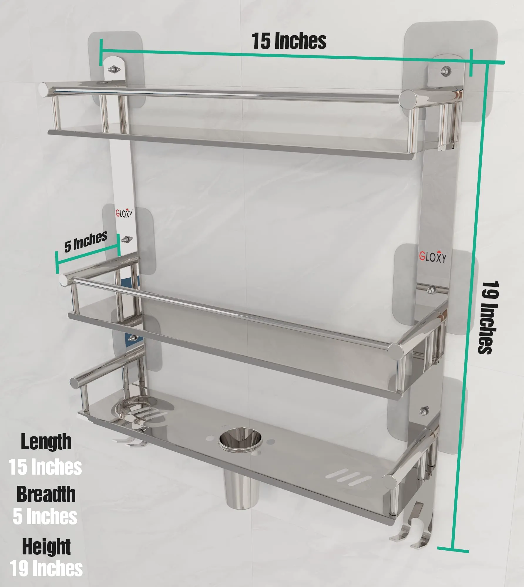 GLOXY ENTERPRISE Stainless Steel Magic Sticker 3 Layer Multipurpose Bathroom Shelf with Double Soap Dish and Toothbrush Holder Bathroom Accessories