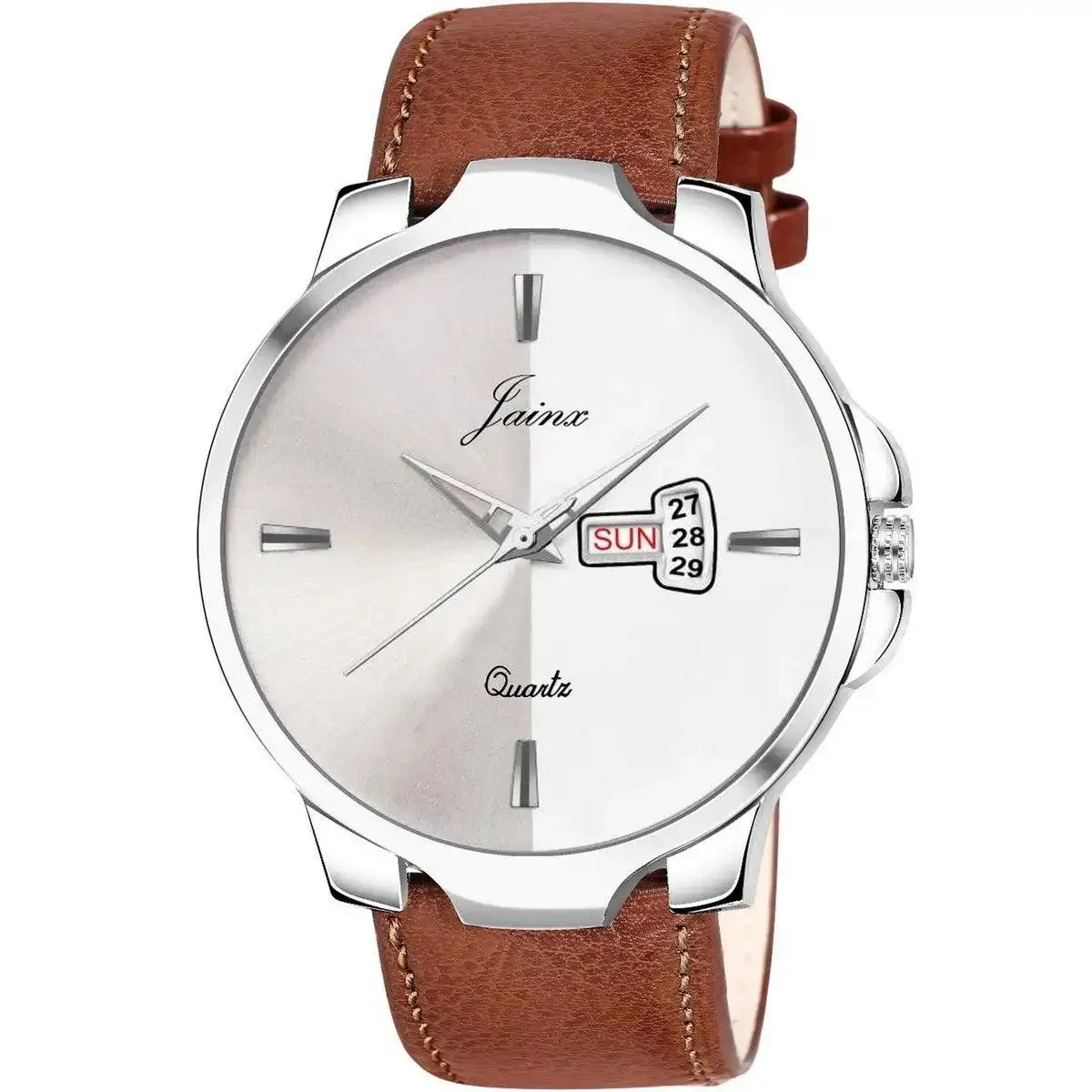 Jainx JM7133 Brown Leatherette Strap Silver Day and Date Dial Analog Watch - For Men