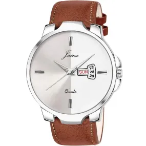 Jainx JM7133 Brown Leatherette Strap Silver Day and Date Dial Analog Watch - For Men