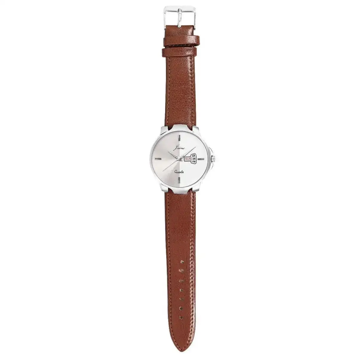 Jainx JM7133 Brown Leatherette Strap Silver Day and Date Dial Analog Watch - For Men