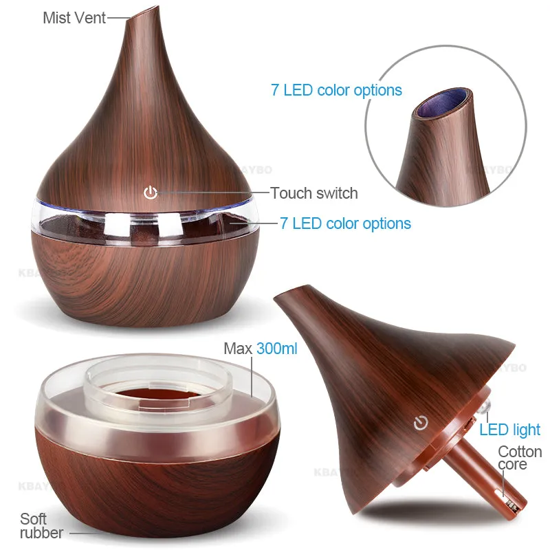 KBAYBO 300ml USB Electric Aroma air diffuser wood Ultrasonic air humidifier Essential oil Aromatherapy  cool mist maker for home