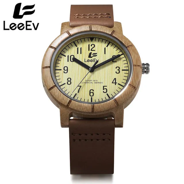 LeeEv Zebra Wooden Case Dial Watches Quartz Watch Men Wristwatch Analog True Wood Fashion Brown Leather Wristwatches EV1875