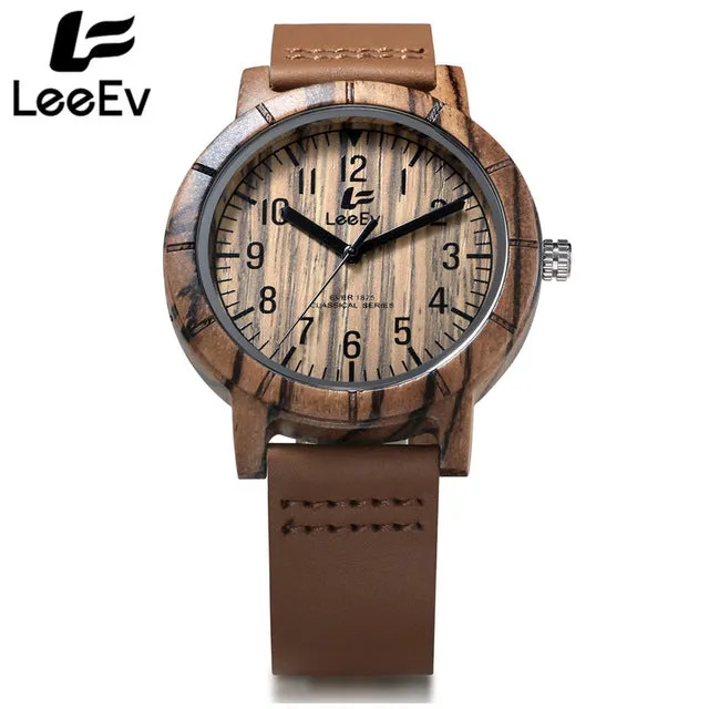 LeeEv Zebra Wooden Case Dial Watches Quartz Watch Men Wristwatch Analog True Wood Fashion Brown Leather Wristwatches EV1875