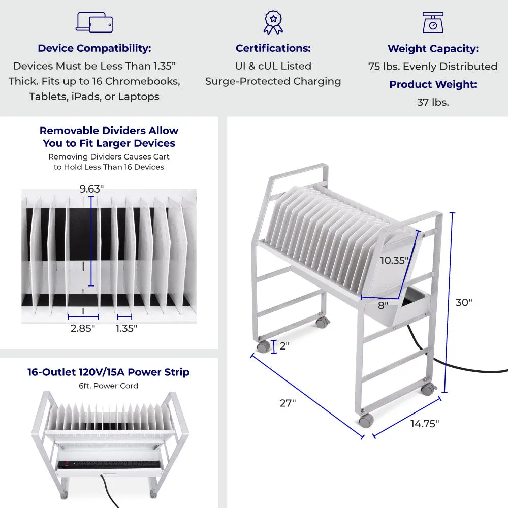 Line Leader Open Charging Cart – Holds Up to 16 Devices - White