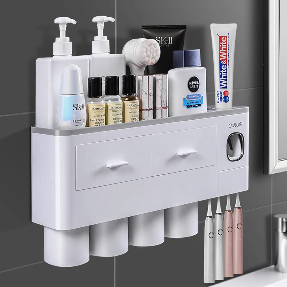 Magnetic Cups Toothbrush Holder Kit with Dispenser, 2 Drawers