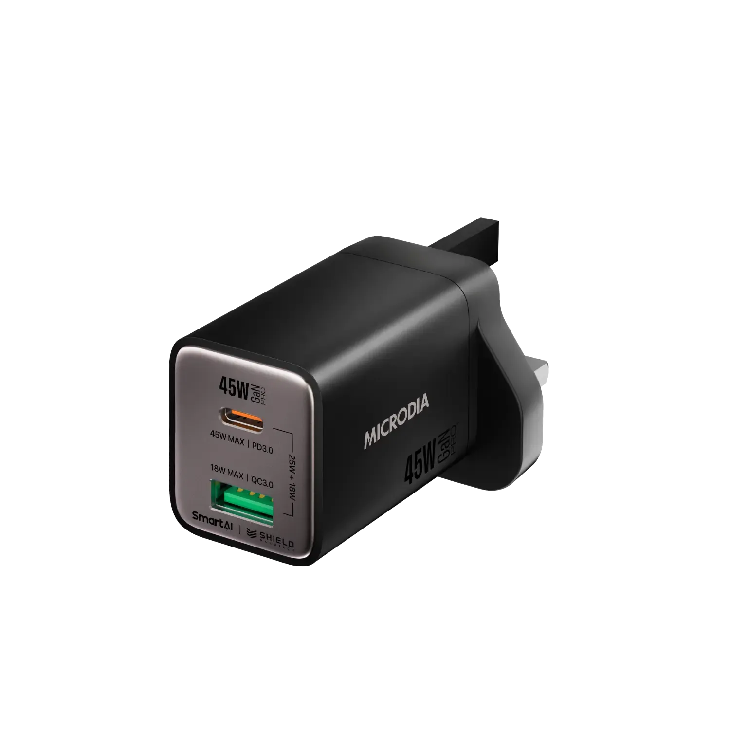 MICRODIA SMARTCube™ Nano 45W GaN Pro Wall Charger, Dual-Port, USB-C PD3.0   USB-A QC3.0