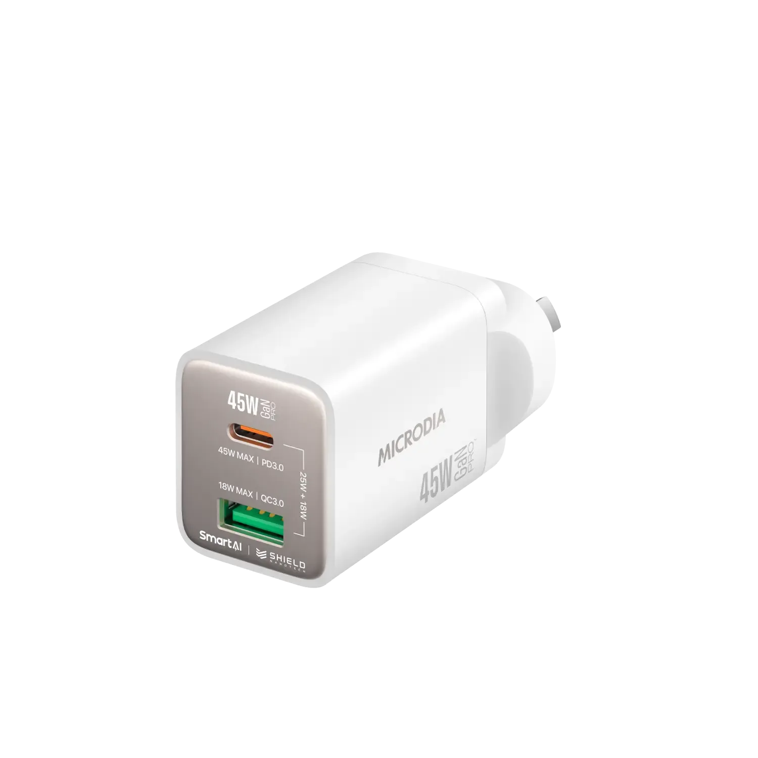 MICRODIA SMARTCube™ Nano 45W GaN Pro Wall Charger, Dual-Port, USB-C PD3.0   USB-A QC3.0