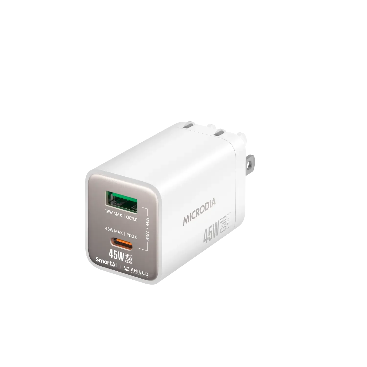 MICRODIA SMARTCube™ Nano 45W GaN Pro Wall Charger, Dual-Port, USB-C PD3.0   USB-A QC3.0