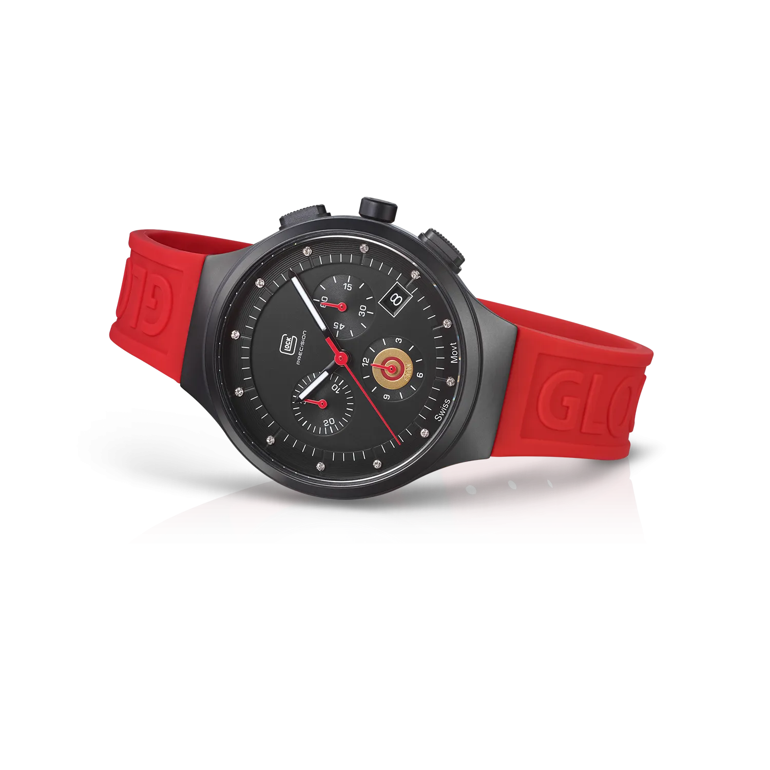 Mid-Size Black Steel Glock Watch with Black and Red Dial