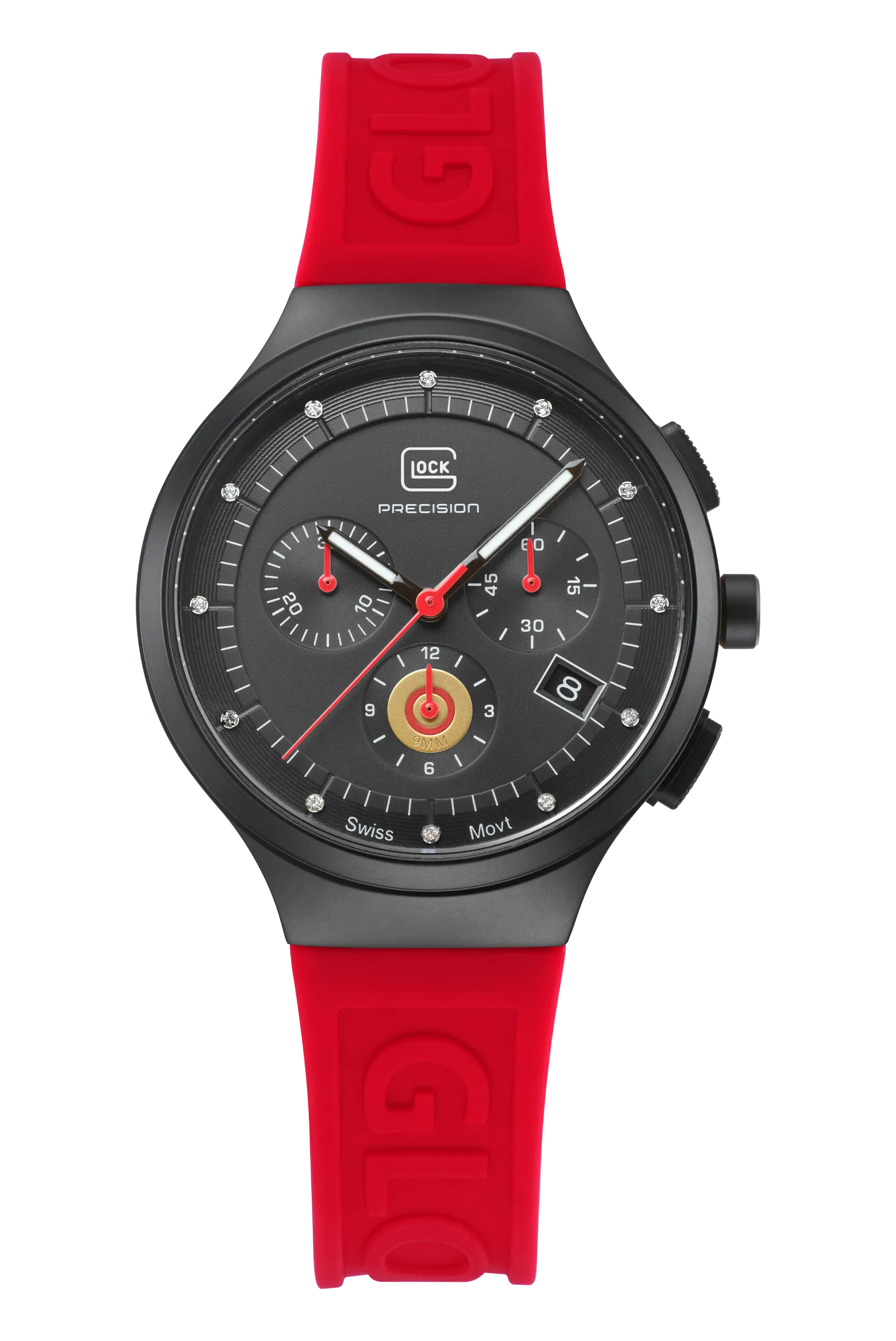 Mid-Size Black Steel Glock Watch with Black and Red Dial