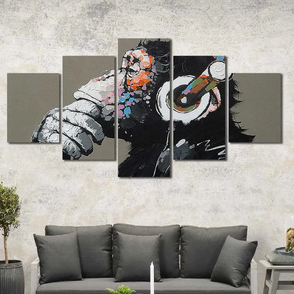 Monkey Headphones Abstract Framed Canvas Home Decor Wall Art Multiple Choices 1 3 4 5 Panels