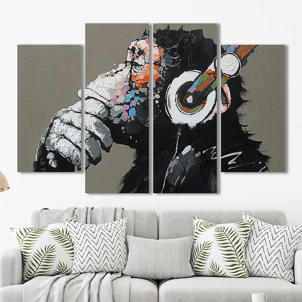 Monkey Headphones Abstract Framed Canvas Home Decor Wall Art Multiple Choices 1 3 4 5 Panels