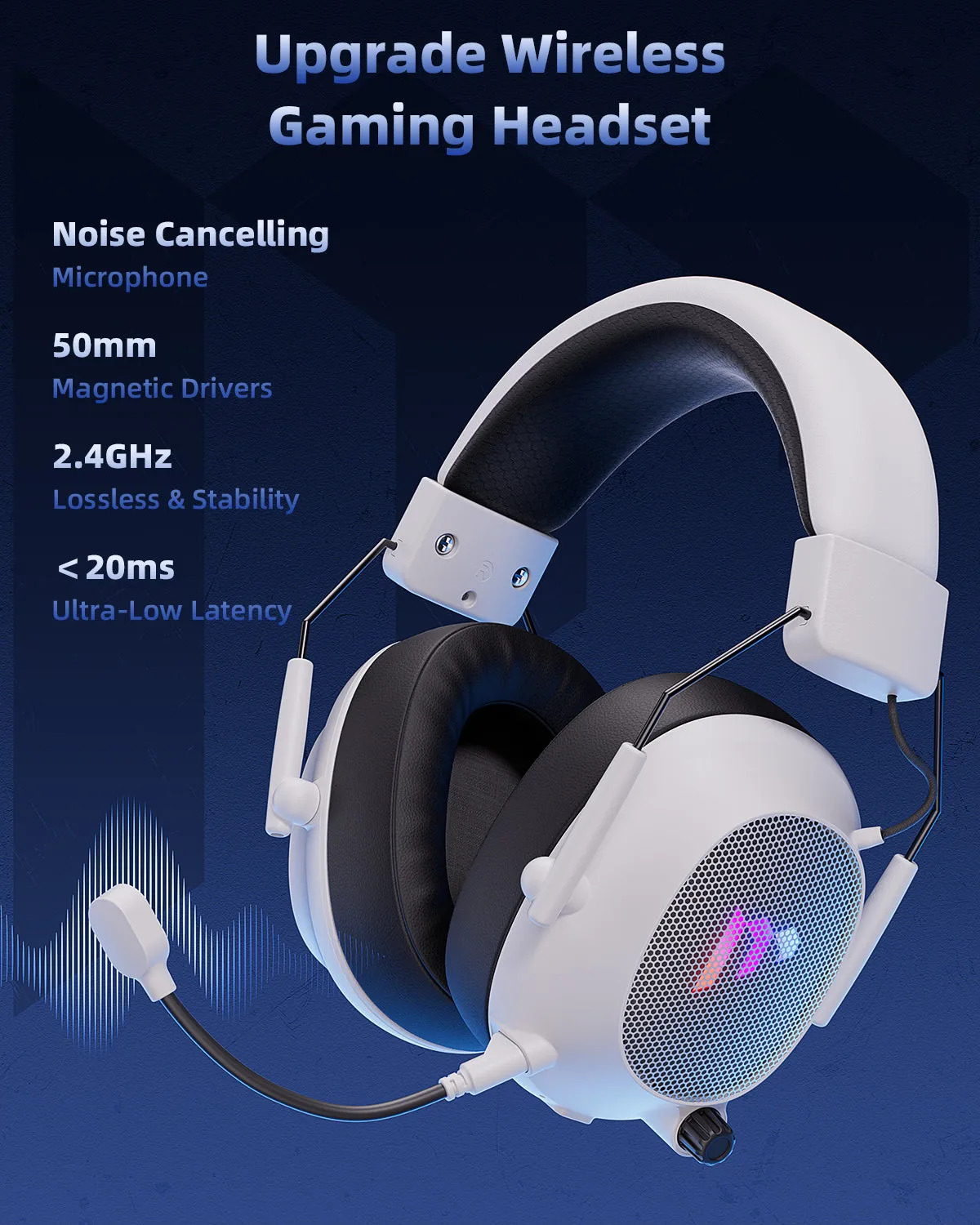 Mytrix Collapsible Wireless Tactical Gaming Headphones with Noise Cancelling Mic - Classic White