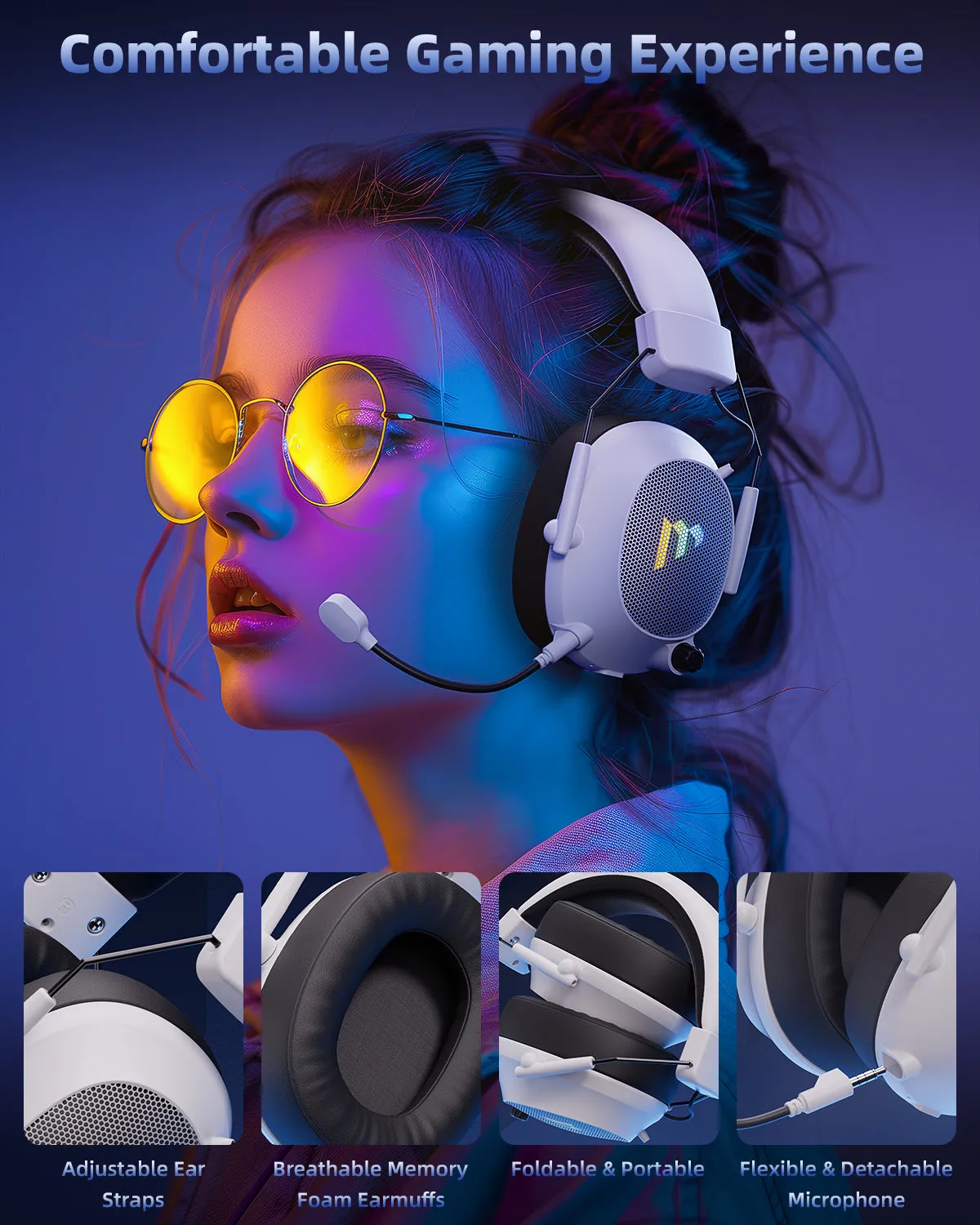 Mytrix Collapsible Wireless Tactical Gaming Headphones with Noise Cancelling Mic - Classic White