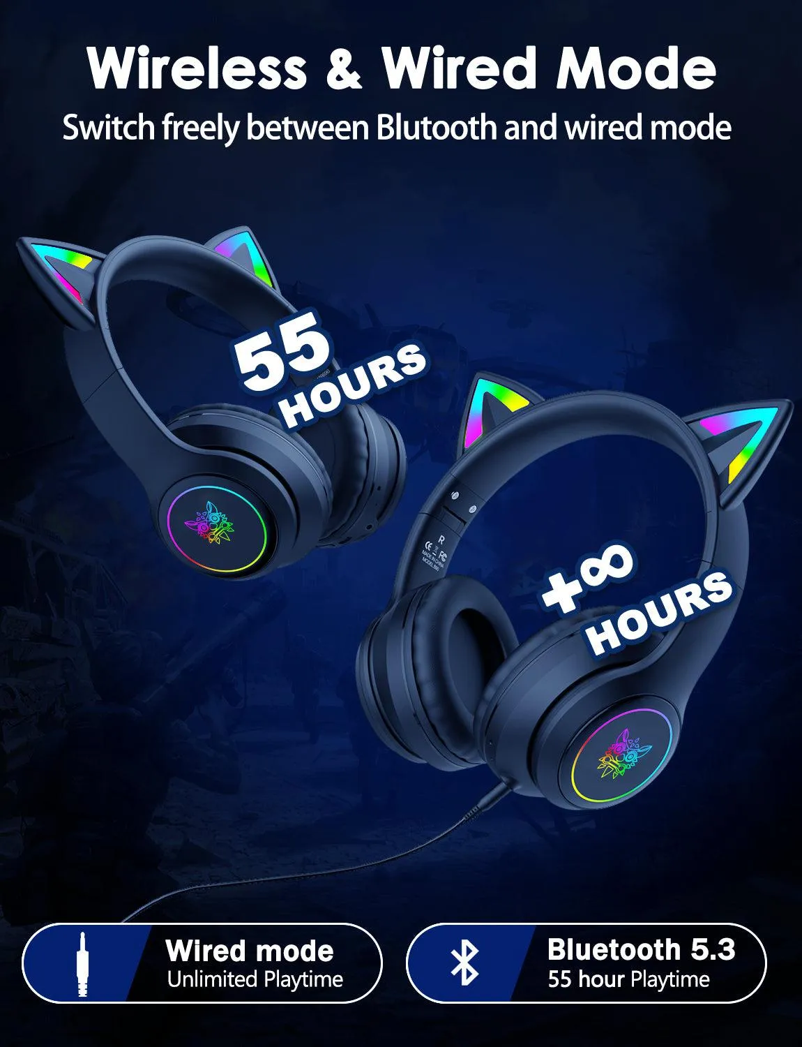 Onikuma B90 RGB Cat Ear Bluetooth 5.0 Wireless Gaming Headset