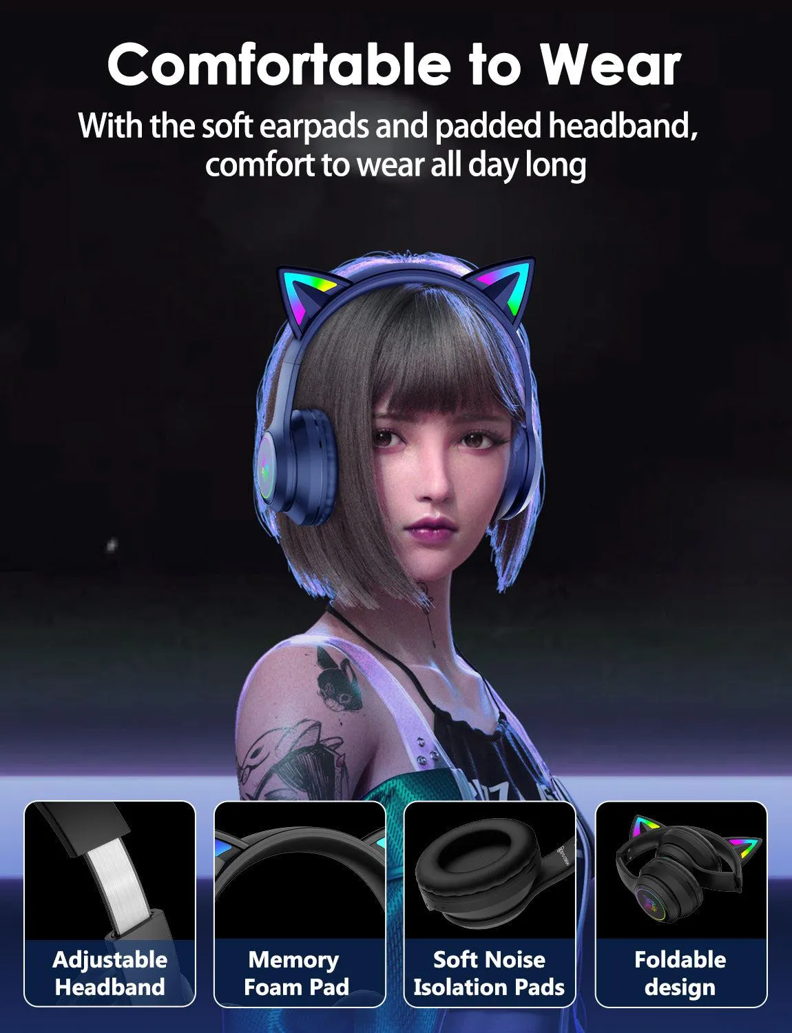 Onikuma B90 RGB Cat Ear Bluetooth 5.0 Wireless Gaming Headset