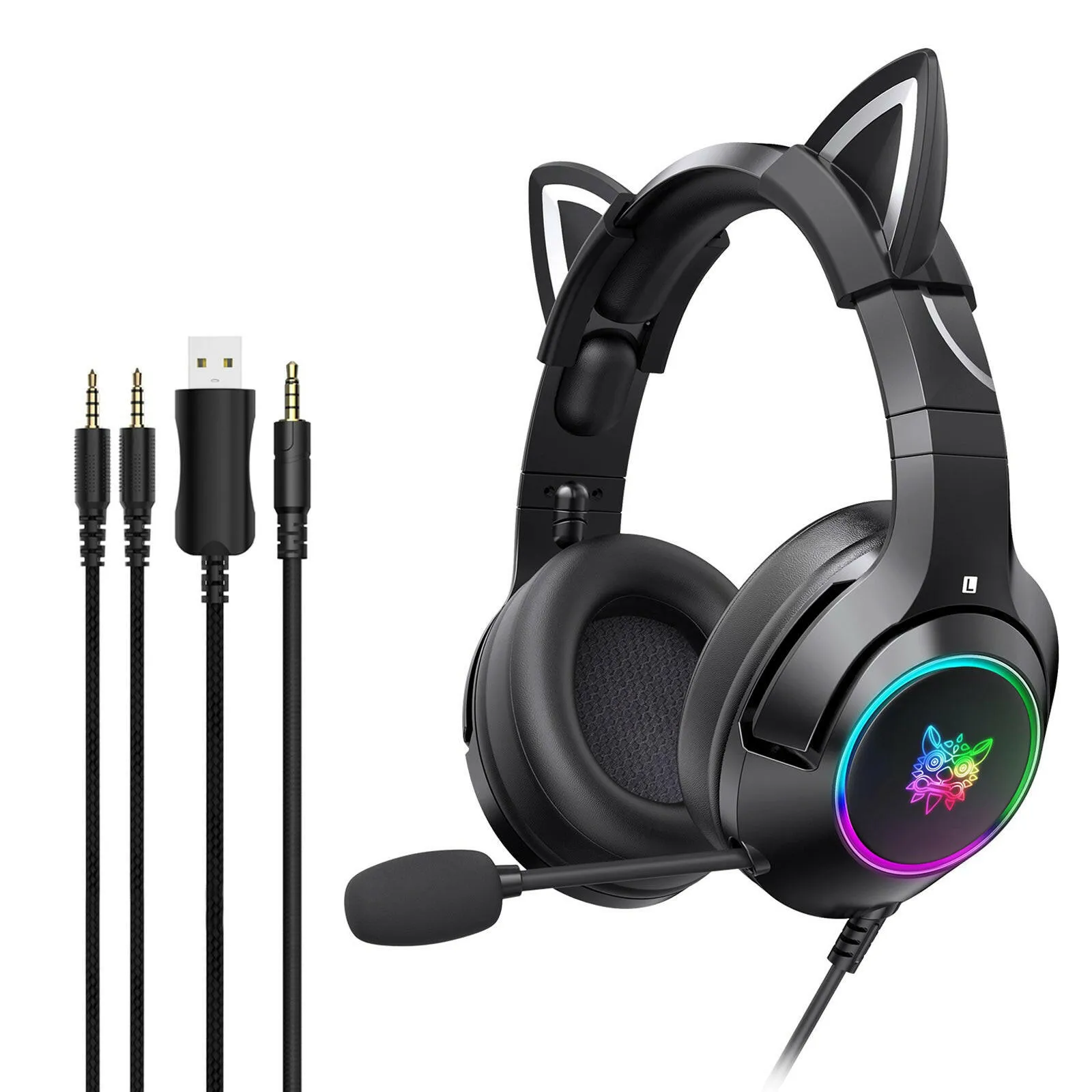 ONIKUMA K9 3.5mm Wired Gaming Headset Removable Cat Ears Headphones Noise Canceling E-Sports Earphone with Microphone RGB LED Light Volume Control Mute Mic for PS4 PC Laptop Smart Phone