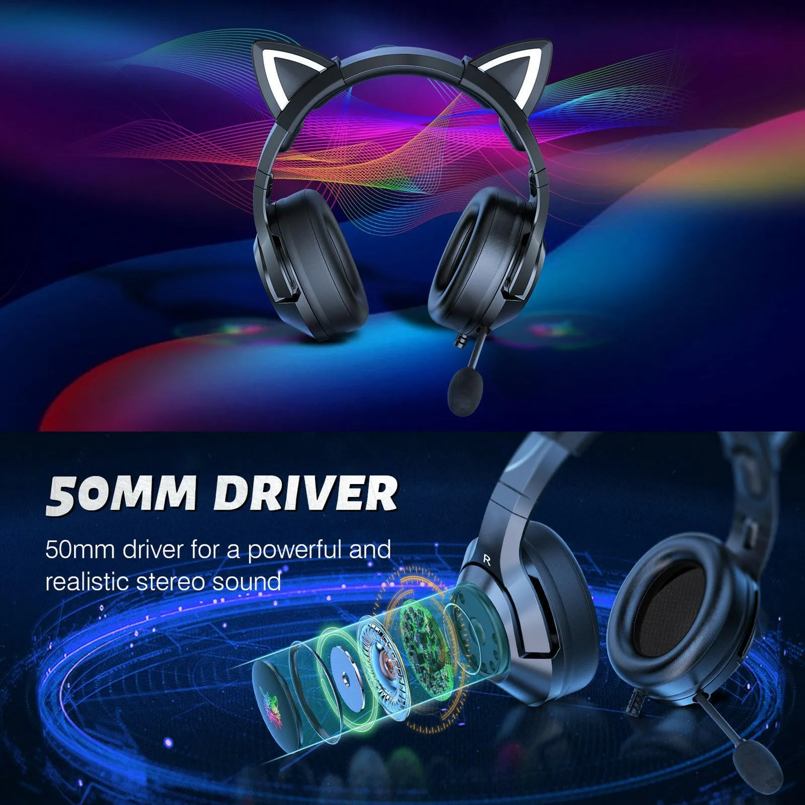 ONIKUMA K9 3.5mm Wired Gaming Headset Removable Cat Ears Headphones Noise Canceling E-Sports Earphone with Microphone RGB LED Light Volume Control Mute Mic for PS4 PC Laptop Smart Phone