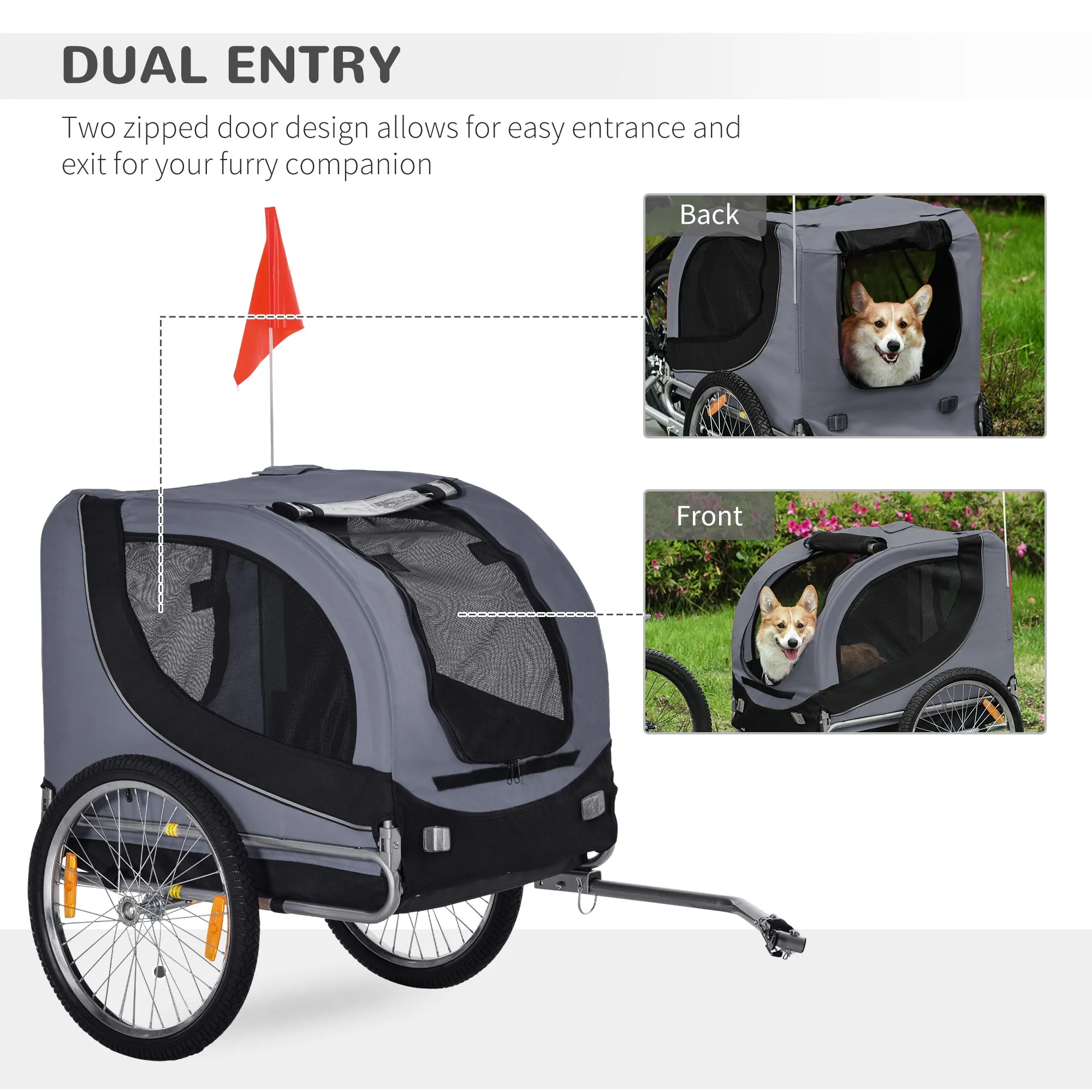 PawHut Pet Bicycle Trailer Steel Dog Bike Carrier Water Resistant Travel Grey