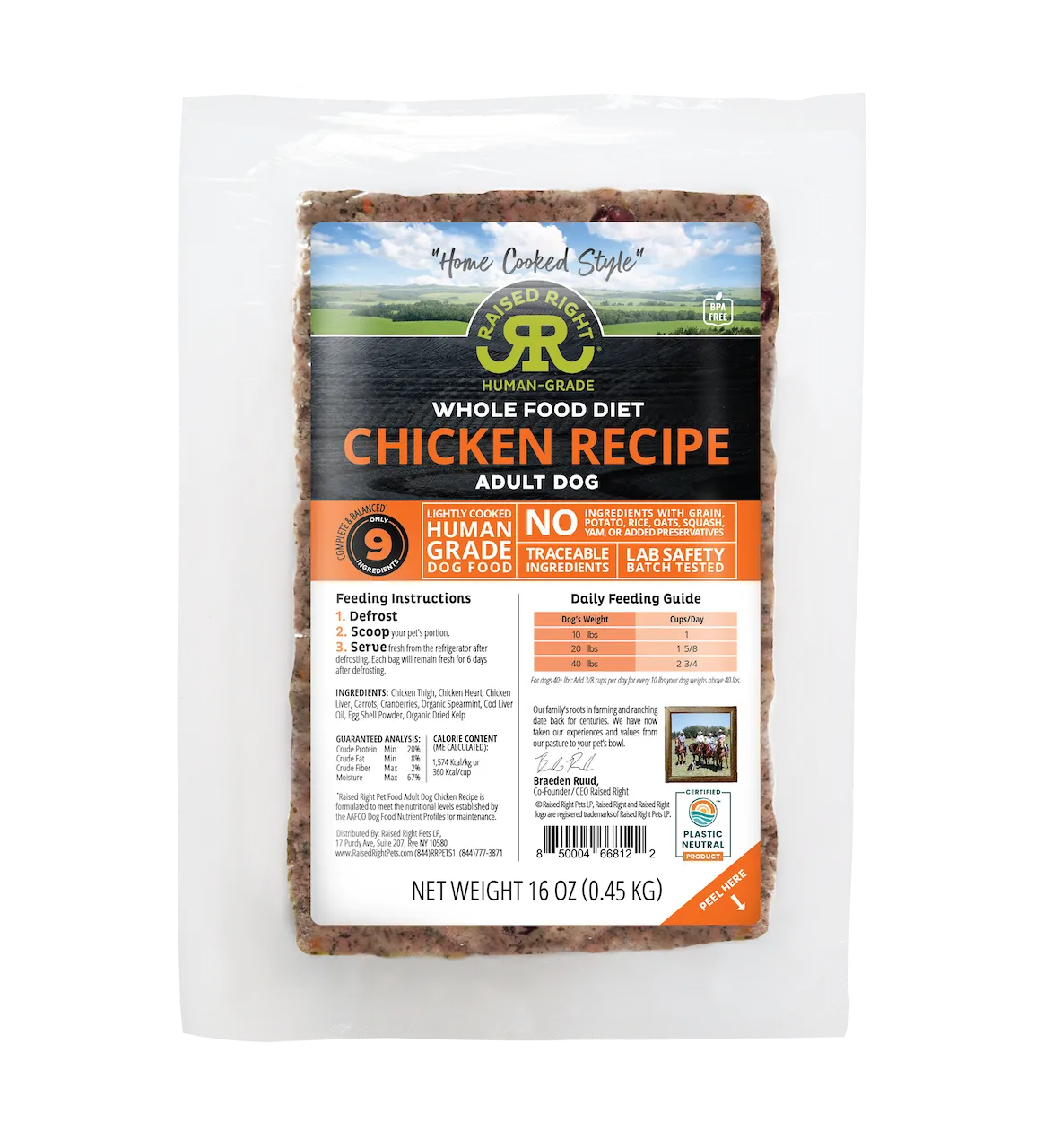 Raised Right Frozen Chicken Adult Dog Recipe 16oz