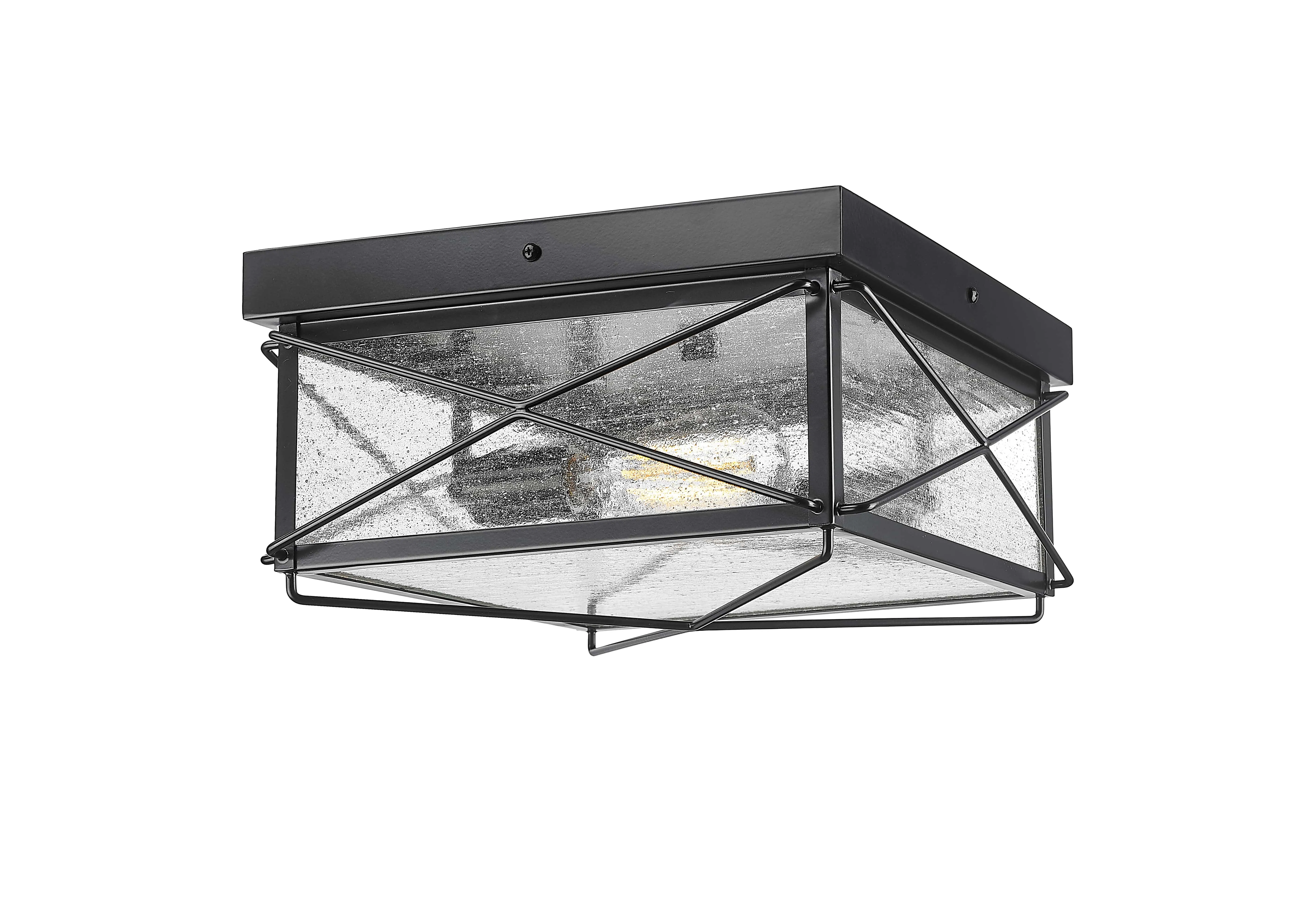 Robinson Outdoor Flush Mount Fixture - Powder Coated Black - Clear Seeded Glass - 13.5in. Diameter - E26 Medium Base