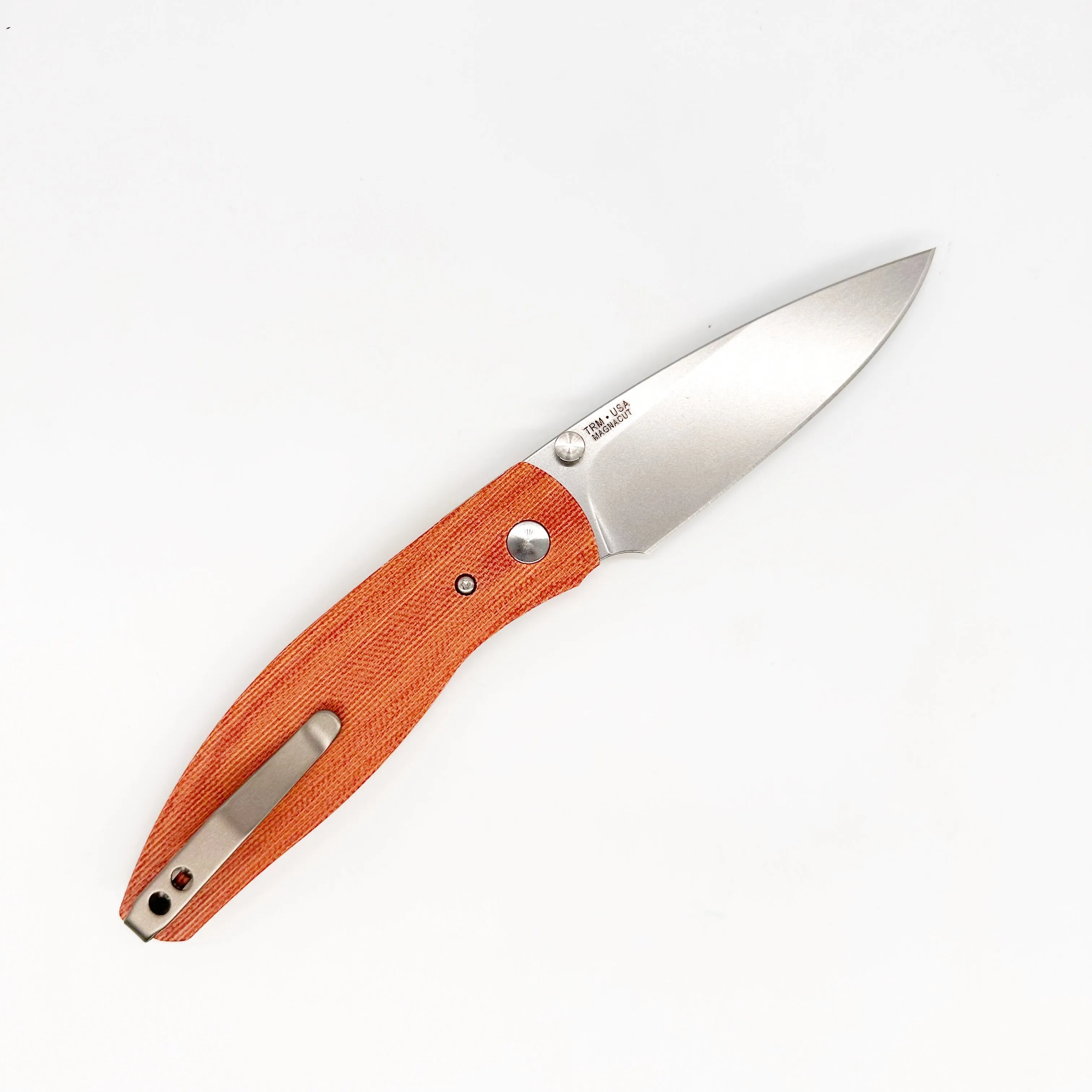 Three Rivers Mfg ATOM Linerlock 3.5" CPM-MagnaCut - Autumn Orange Micarta 3D Contoured Scales