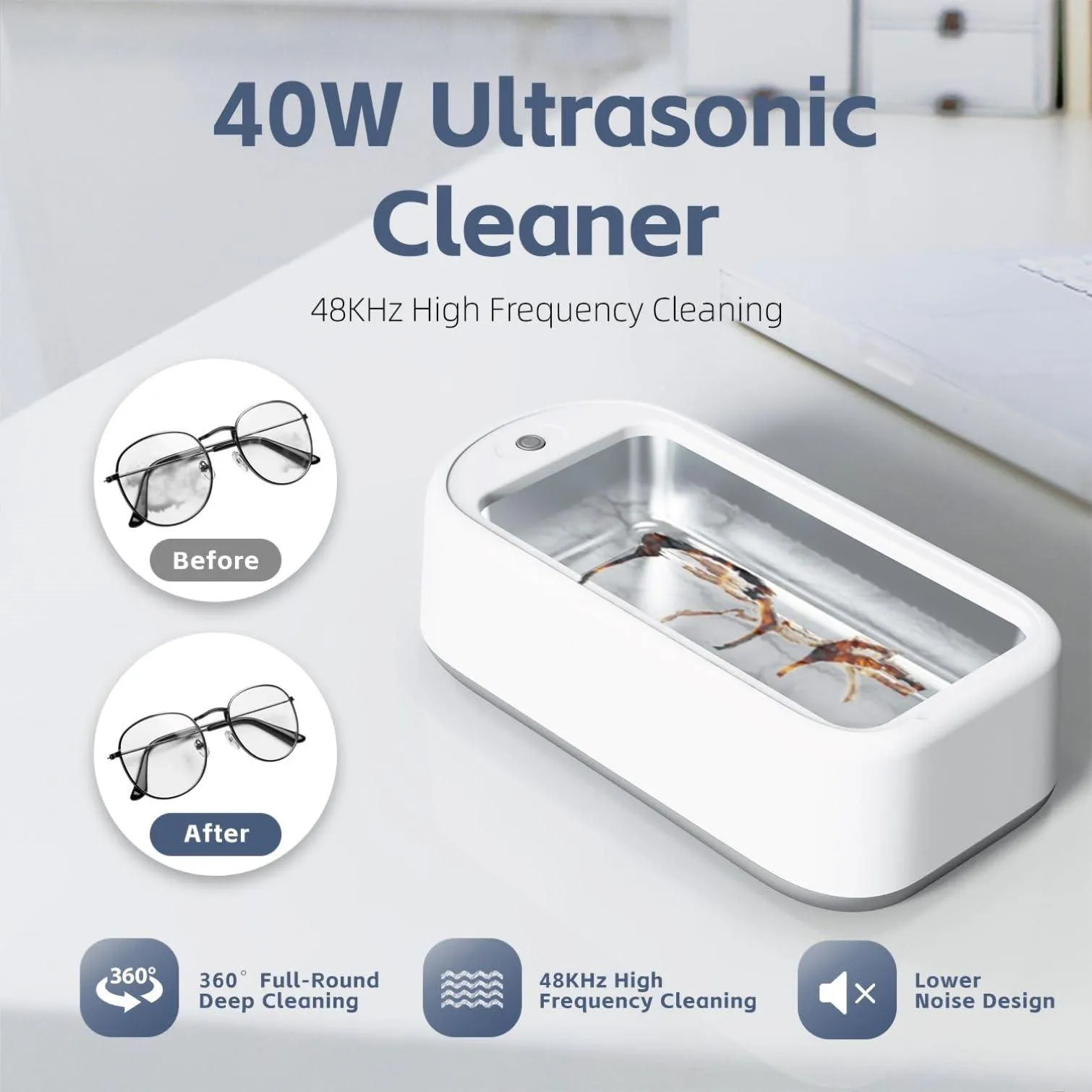 Ultrasonic Jewelry Cleaner Polishes 48kHz 40W 640ml Professional Ultrasonic Cleaner Machine for Watches Glass Rings Makeup Brush