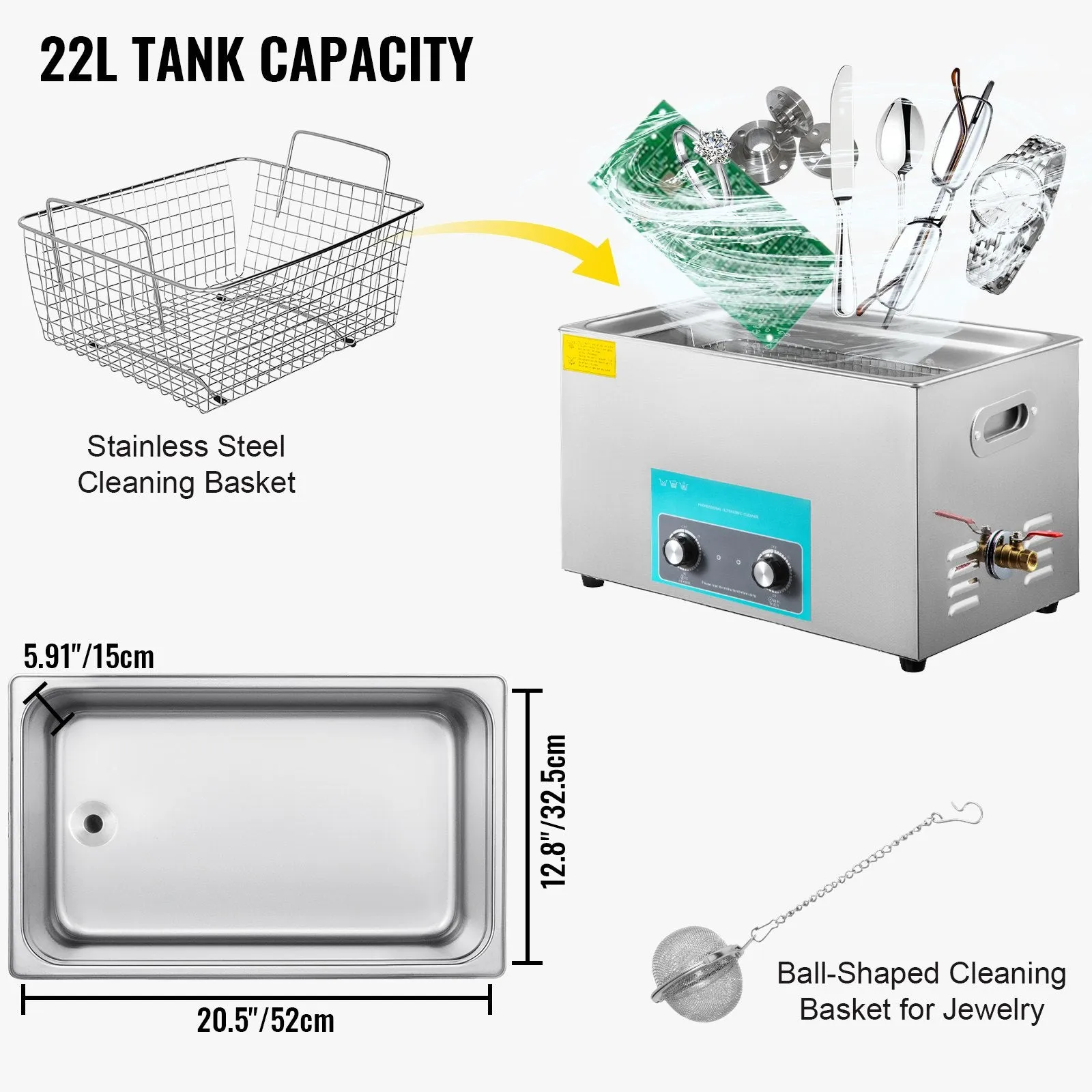 Vevor Ultrasonic Cleaner 22L Knob Control with Heating and Timer Function 40kHz New