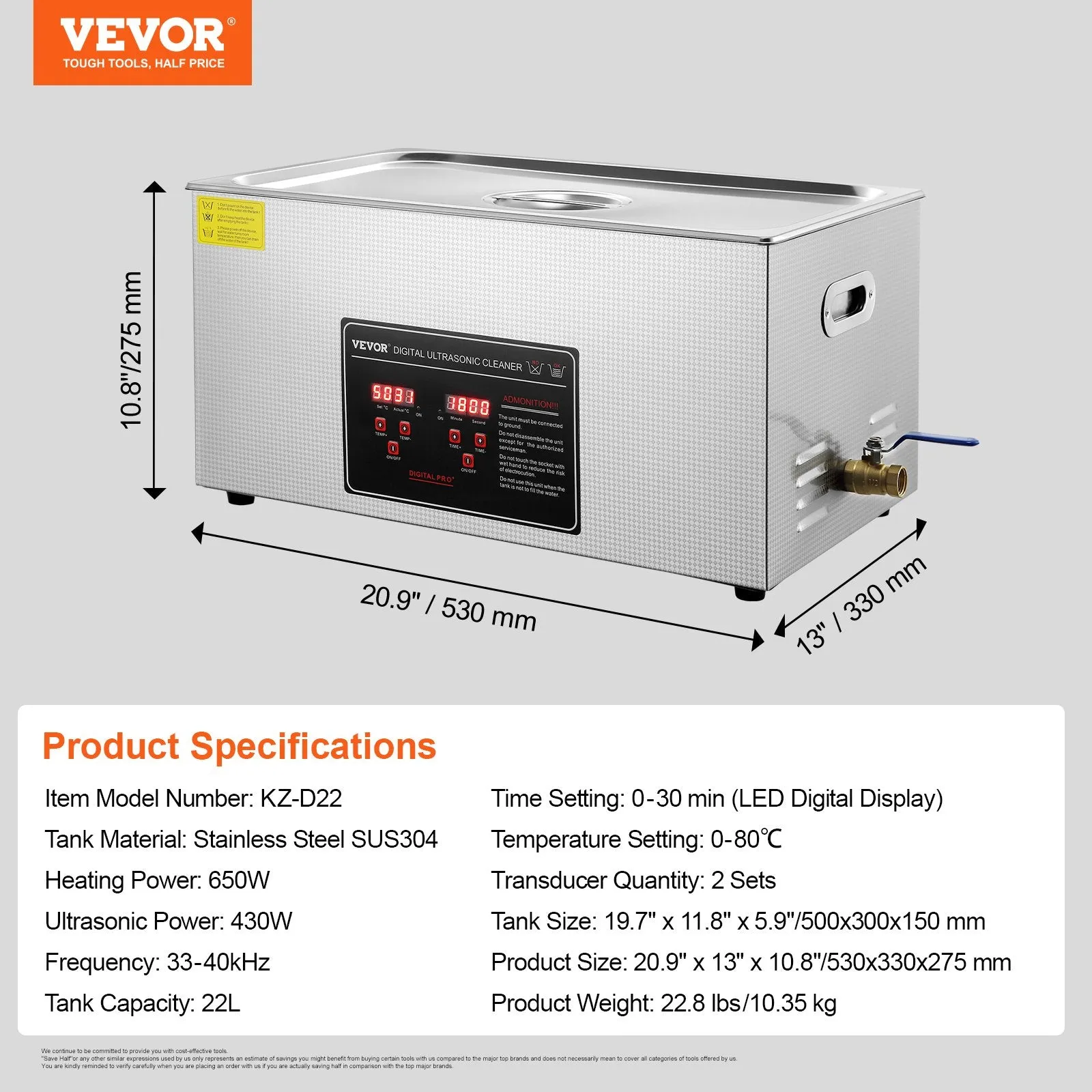 Vevor Ultrasonic Cleaner 5.8 Gal Stainless Steel 40kHz 650W Heating Function with Digital Timer New