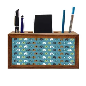 Wooden Desk Organiser Pen Mobile Stand - Elephants Blue