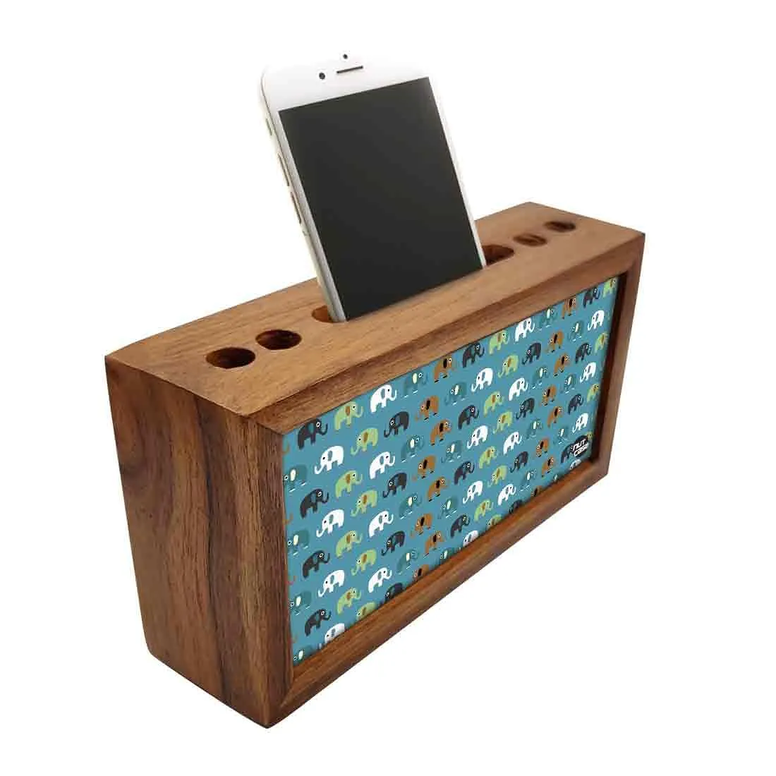 Wooden Desk Organiser Pen Mobile Stand - Elephants Blue