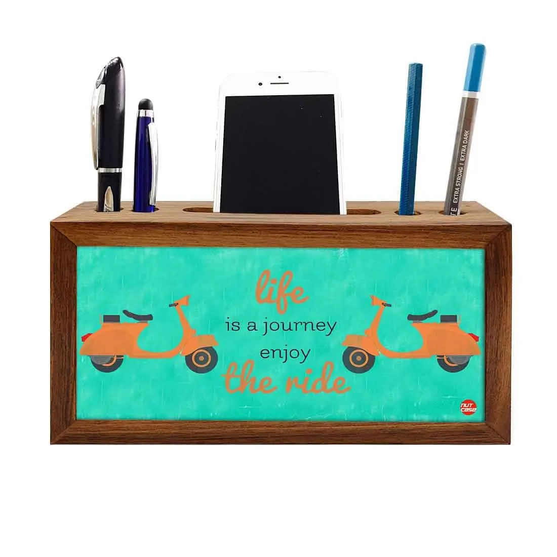 Wooden desk organizer Pen Mobile Stand - Life Is A Journey