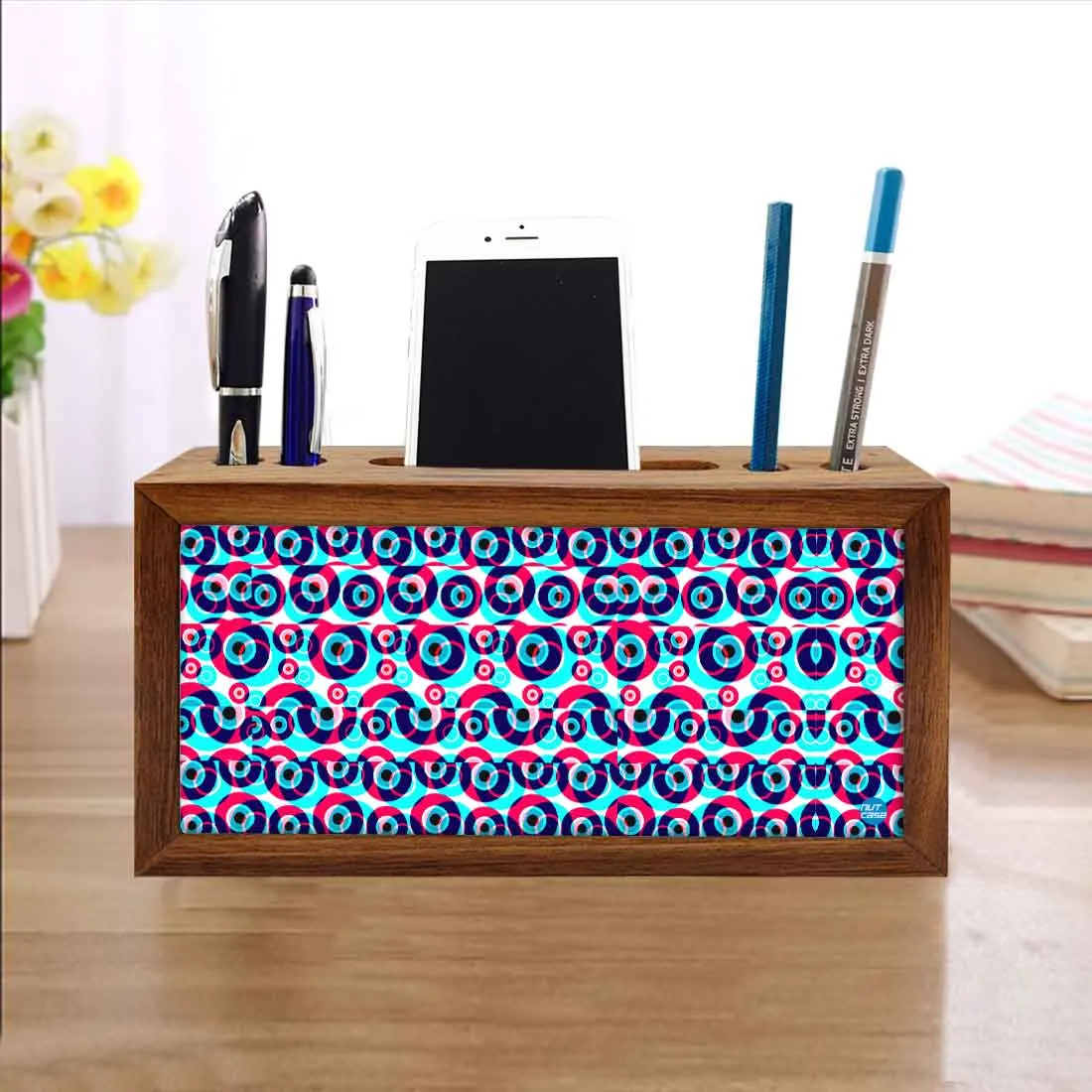 Wooden Pen Holder with Mobile Stand Desk Organizer for Office - Evil Eye Protector-