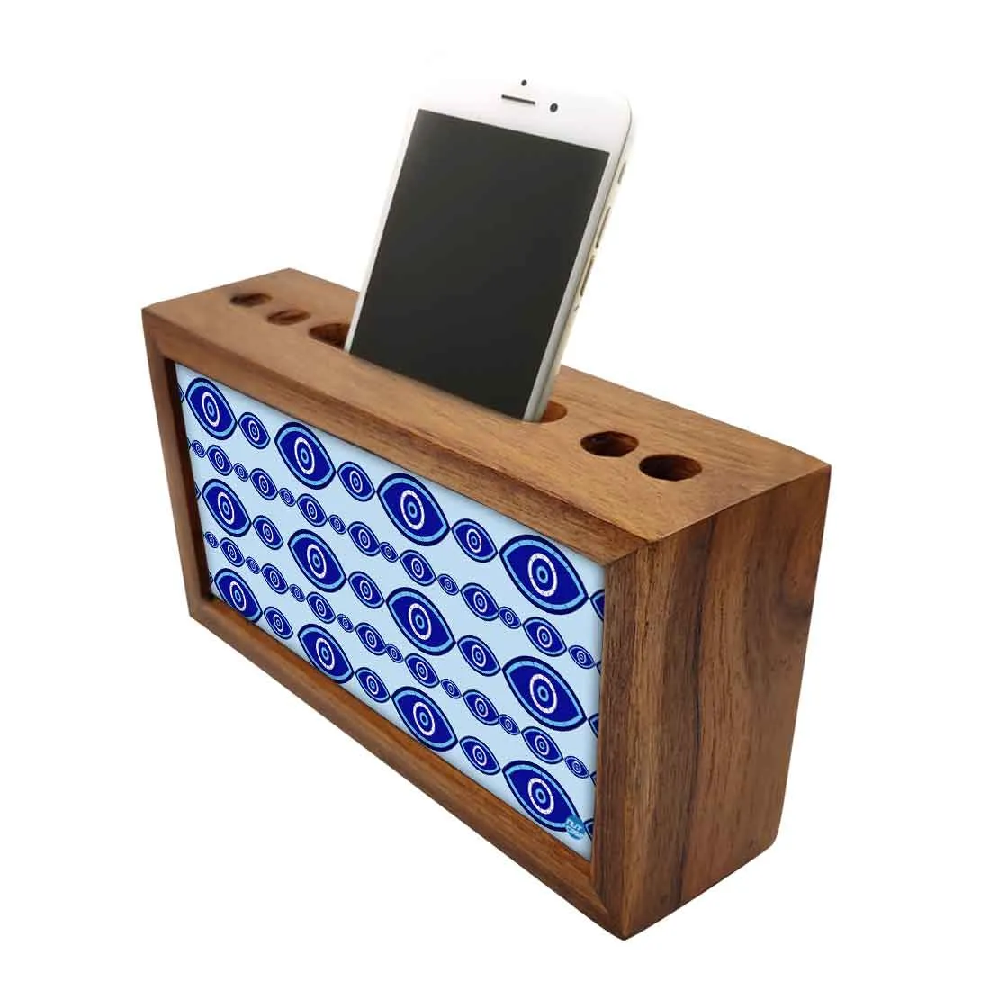 Wooden Pen Holder with Mobile Stand Desk Organizer for Office - Evil Eye Protector-