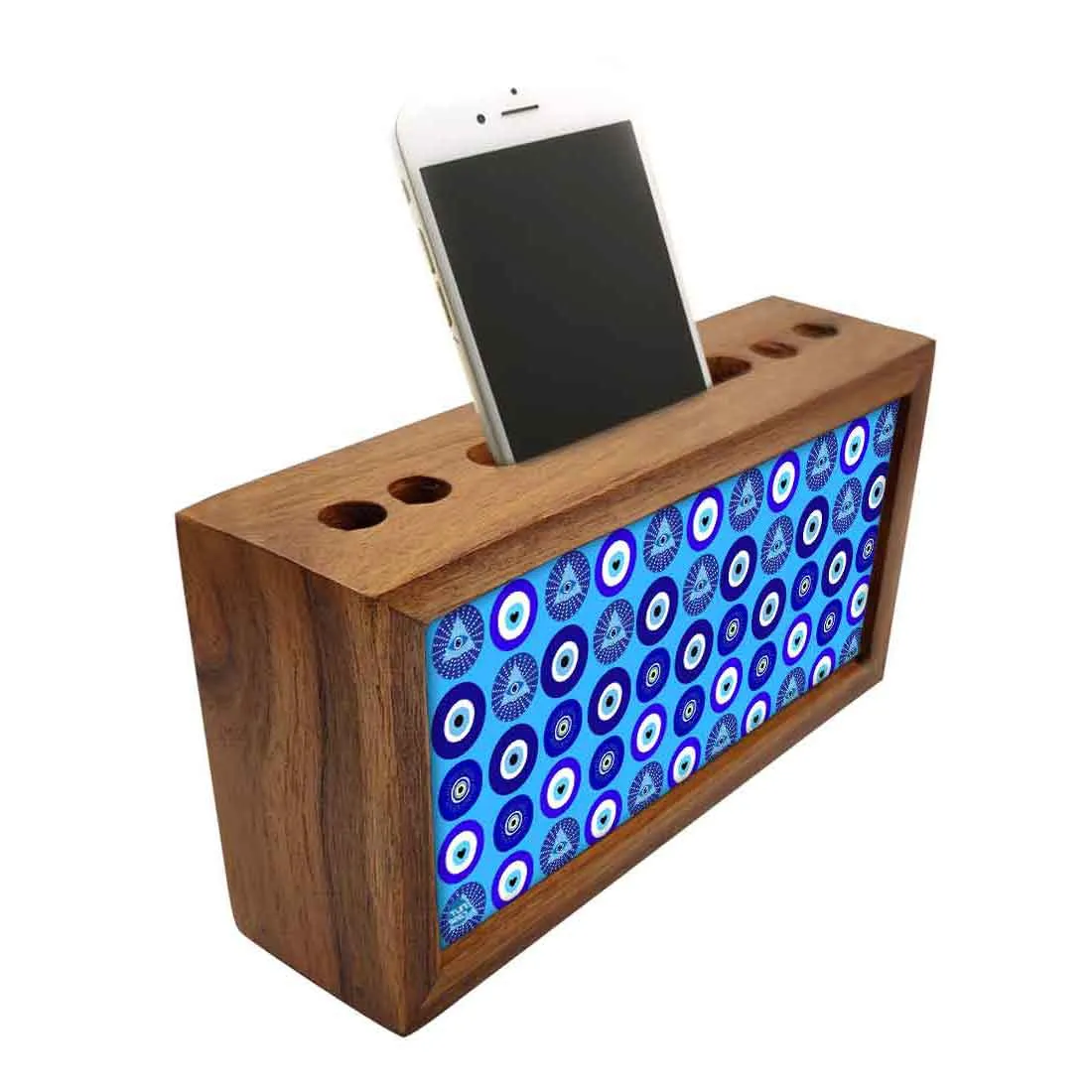 Wooden Pen Holder with Mobile Stand Desk Organizer for Office - Evil Eye Protector-